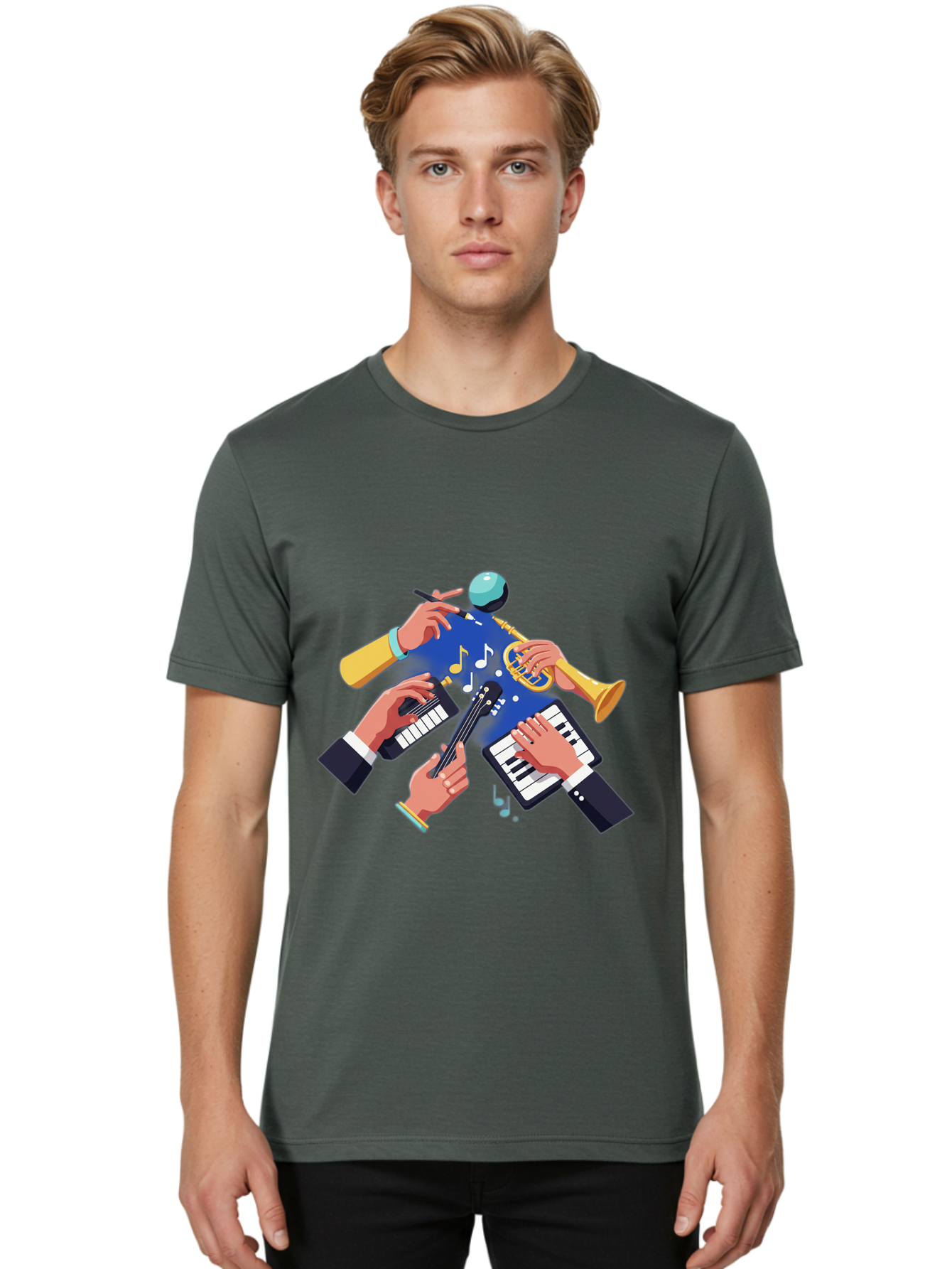 Music-Maestro Men'S Graphic Tee, 100% Cotton, Comfortable Casual Summer Wear, Machine Washable, Musical Man, Multiple Instruments, Creative Music, Diverse Instrumentation, Harmonious Sound, Innovative Art, Music Lover, Melodious Harmony, Bac190