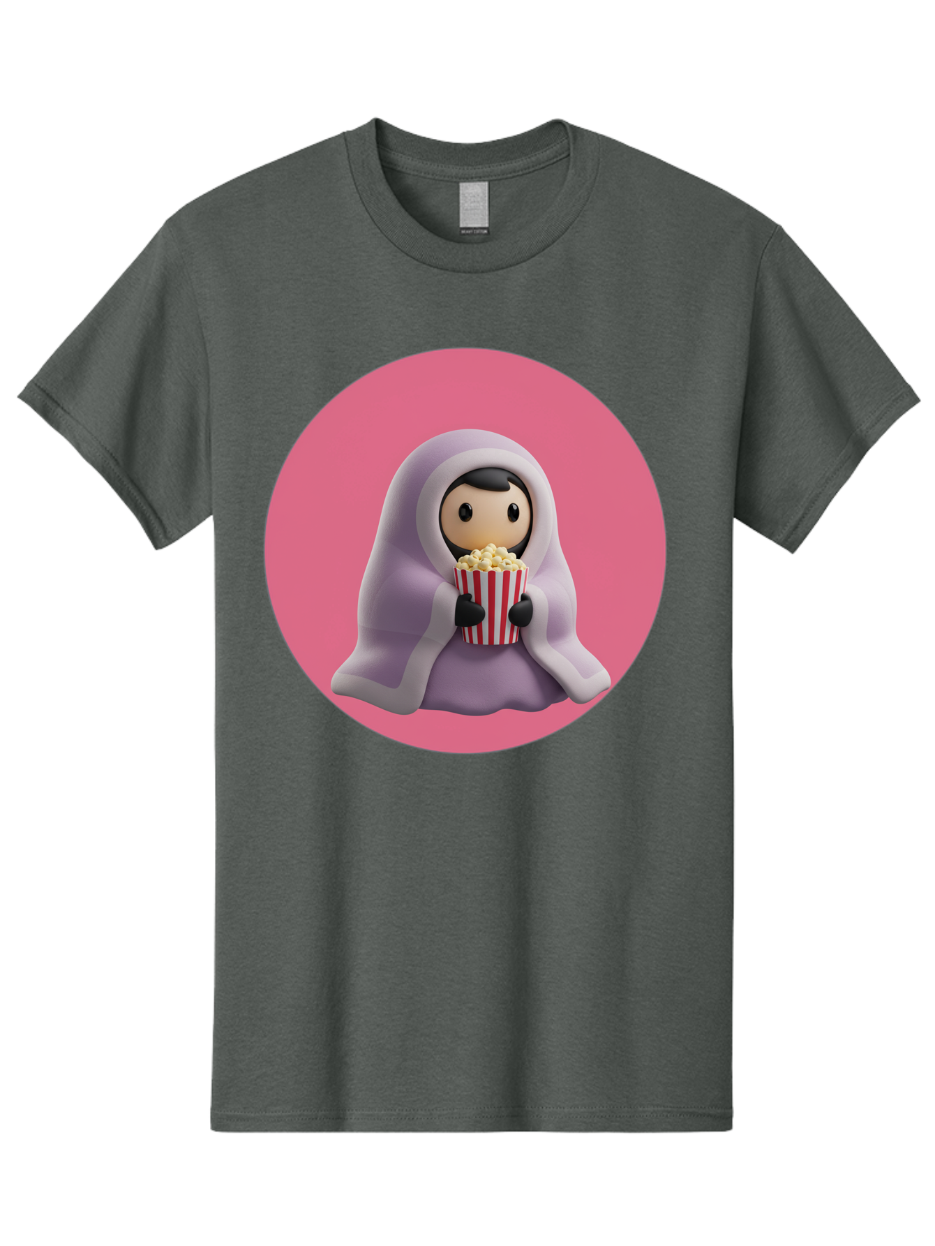 Muslim-Girl-Eating-Popcorn Men'S Graphic Tee, 100% Cotton, Comfortable Casual Summer Wear, Machine Washable, Muslim Girl Eating Popcorn, Cartoon Character, Purple Hijab, Red And White Striped Bucket, Funny Illustration, Kawaii Art, Bac192