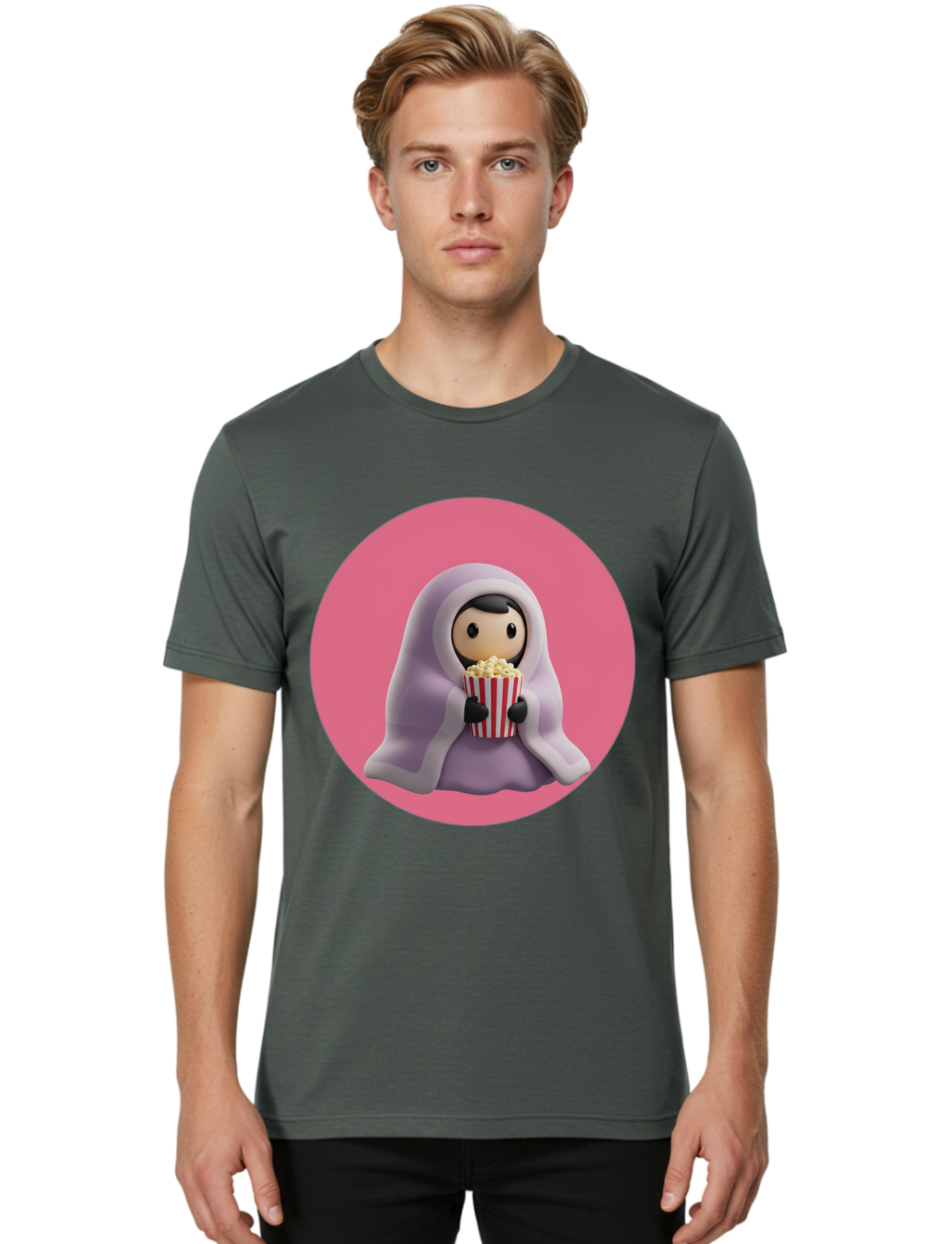 Muslim-Girl-Eating-Popcorn Men'S Graphic Tee, 100% Cotton, Comfortable Casual Summer Wear, Machine Washable, Muslim Girl Eating Popcorn, Cartoon Character, Purple Hijab, Red And White Striped Bucket, Funny Illustration, Kawaii Art, Bac192