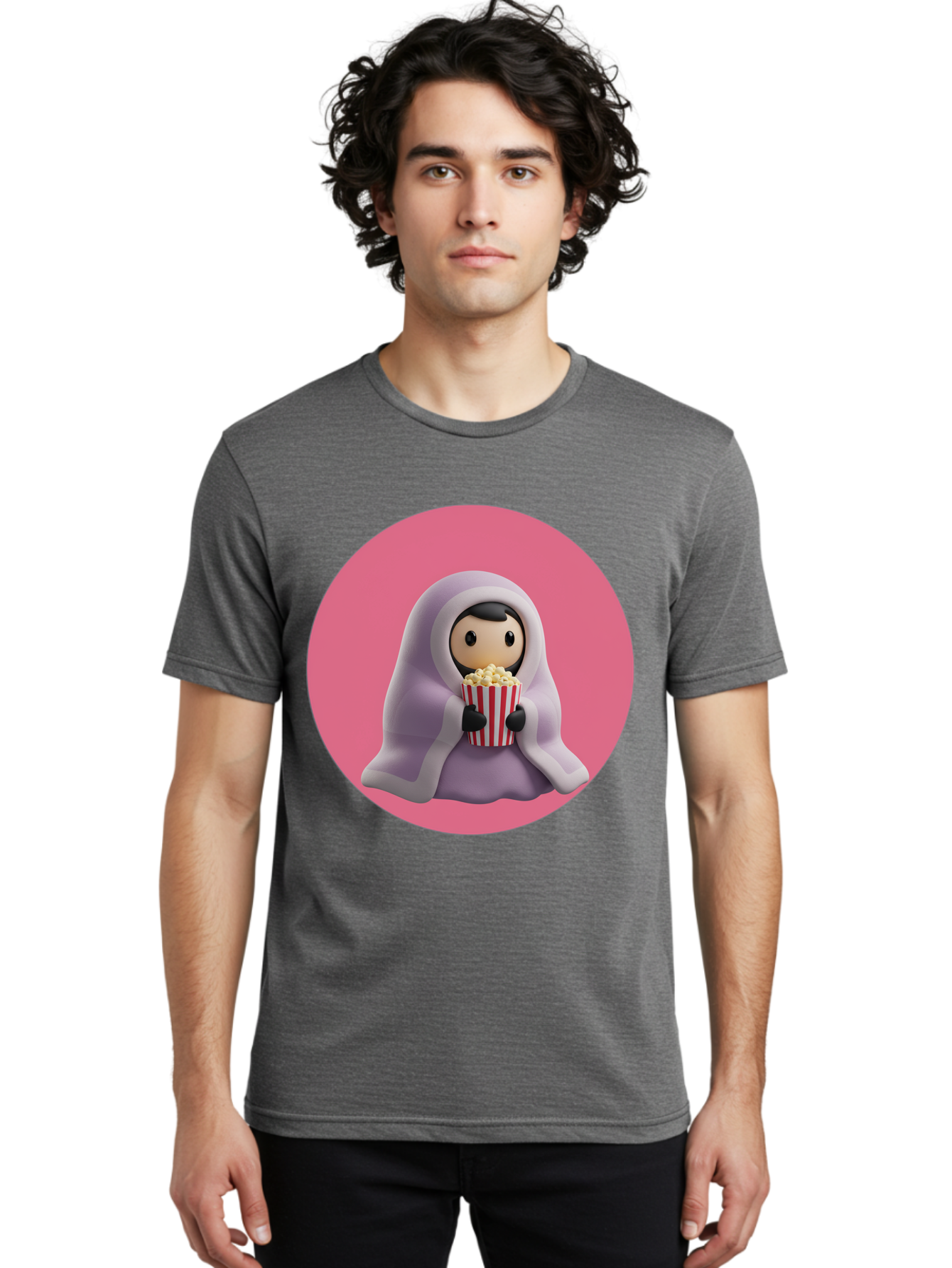 Muslim-Girl-Eating-Popcorn Men'S Graphic Tee, 100% Cotton, Comfortable Casual Summer Wear, Machine Washable, Muslim Girl Eating Popcorn, Cartoon Character, Purple Hijab, Red And White Striped Bucket, Funny Illustration, Kawaii Art, Bac192