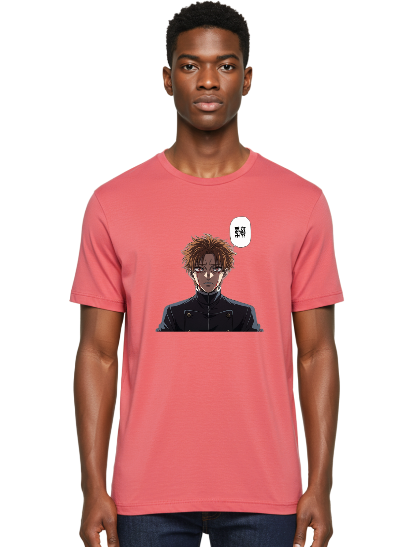 Mysterious-Man Men'S Graphic Tee, 100% Cotton, Comfortable Casual Summer Wear, Machine Washable, Anime Character With Bleeding Face, Mysterious Expression, Unknown Language, Intense Gaze, Chikage, Manga Style, Japanese Text, Black Jacket, Bac193