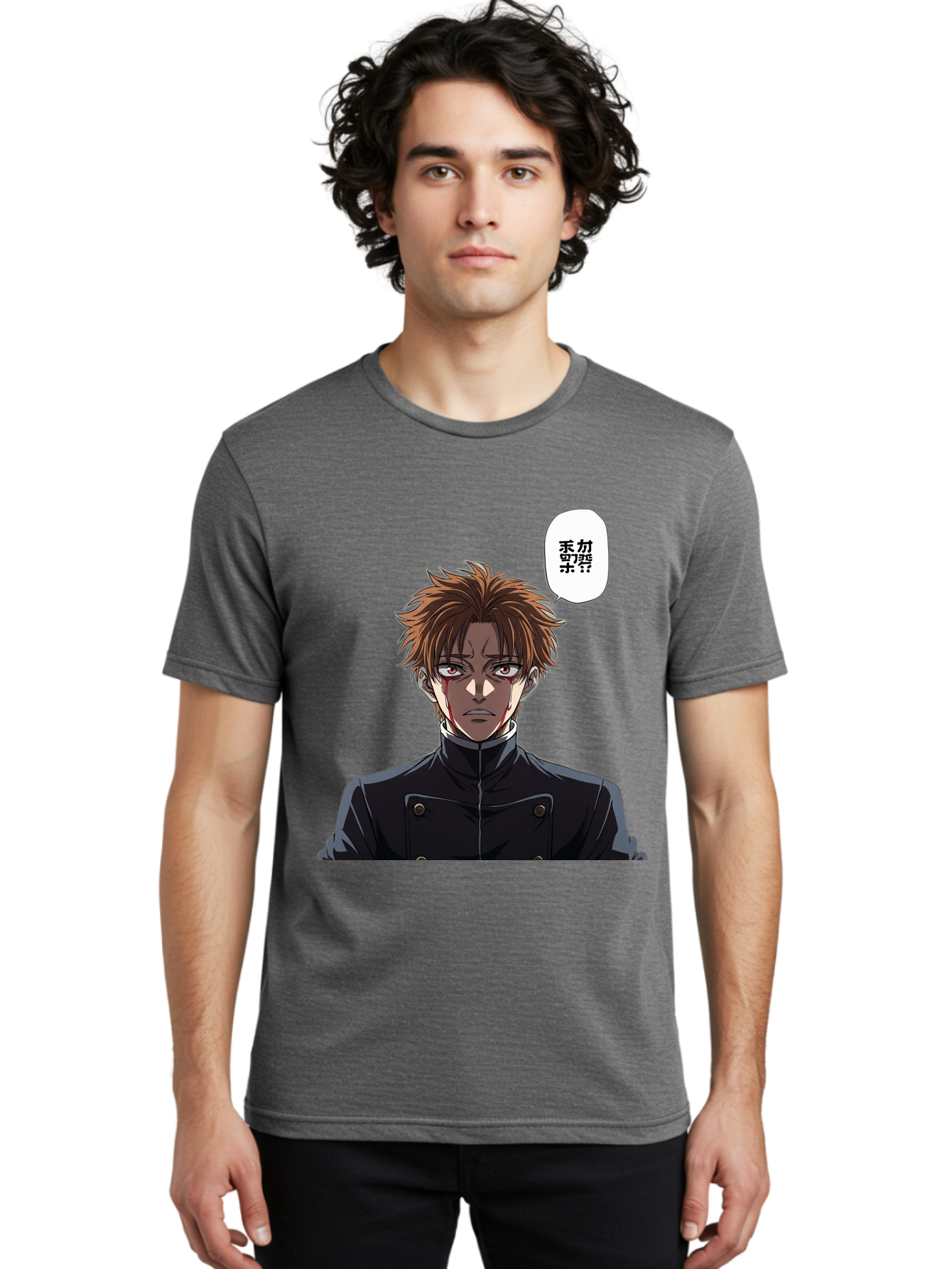 Mysterious-Man Men'S Graphic Tee, 100% Cotton, Comfortable Casual Summer Wear, Machine Washable, Anime Character With Bleeding Face, Mysterious Expression, Unknown Language, Intense Gaze, Chikage, Manga Style, Japanese Text, Black Jacket, Bac193