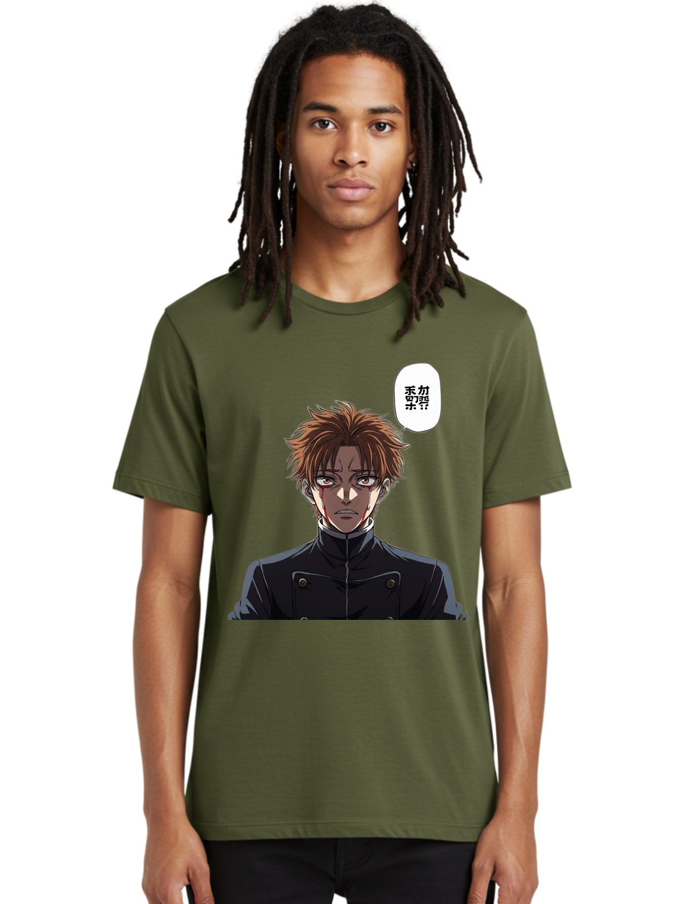 Mysterious-Man Men'S Graphic Tee, 100% Cotton, Comfortable Casual Summer Wear, Machine Washable, Anime Character With Bleeding Face, Mysterious Expression, Unknown Language, Intense Gaze, Chikage, Manga Style, Japanese Text, Black Jacket, Bac193