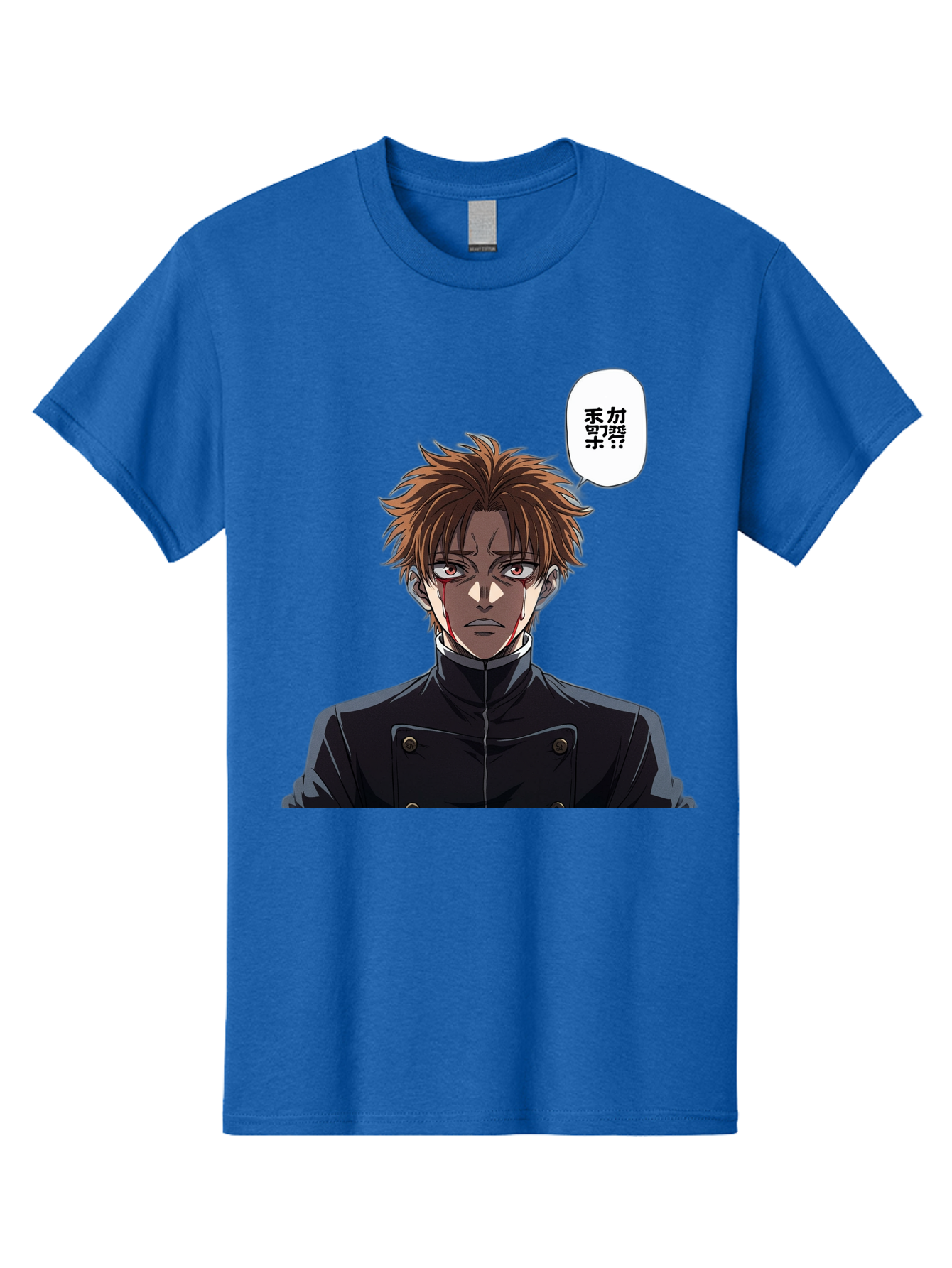 Mysterious-Man Men'S Graphic Tee, 100% Cotton, Comfortable Casual Summer Wear, Machine Washable, Anime Character With Bleeding Face, Mysterious Expression, Unknown Language, Intense Gaze, Chikage, Manga Style, Japanese Text, Black Jacket, Bac193