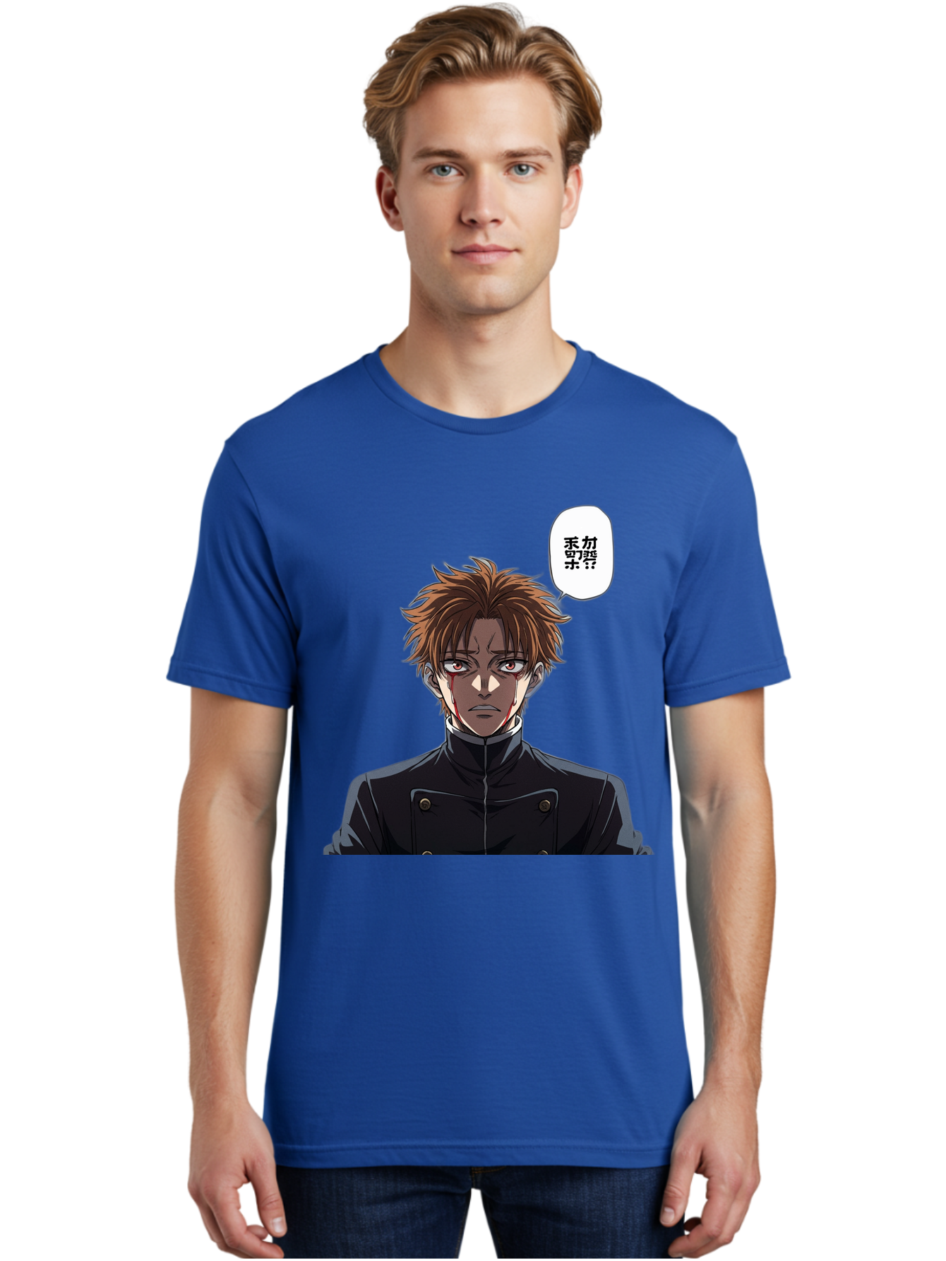 Mysterious-Man Men'S Graphic Tee, 100% Cotton, Comfortable Casual Summer Wear, Machine Washable, Anime Character With Bleeding Face, Mysterious Expression, Unknown Language, Intense Gaze, Chikage, Manga Style, Japanese Text, Black Jacket, Bac193