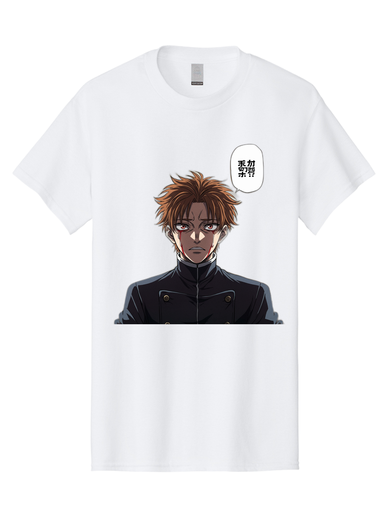 Mysterious-Man Men'S Graphic Tee, 100% Cotton, Comfortable Casual Summer Wear, Machine Washable, Anime Character With Bleeding Face, Mysterious Expression, Unknown Language, Intense Gaze, Chikage, Manga Style, Japanese Text, Black Jacket, Bac193