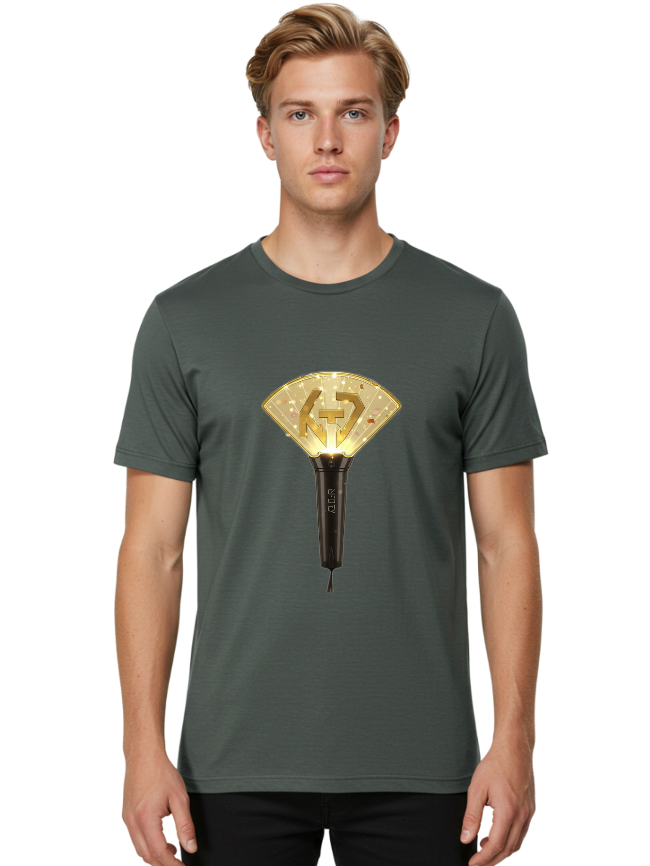 Nct-Lightstick Men'S Graphic Tee, 100% Cotton, Comfortable Casual Summer Wear, Machine Washable, K-Pop Merchandise, Nct Lightstick, Fan Light, Concert Accessory, Novelty Item, Collectible, Black Handle, Lit Top, Gold Logo, Fan Club Gear Bac194