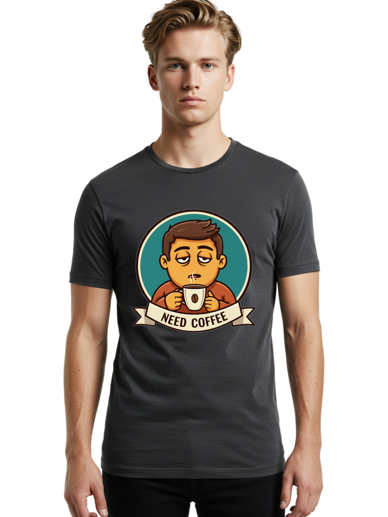 Need-Coffee Men'S Graphic Tee, 100% Cotton, Comfortable Casual Summer Wear, Machine Washable, Tired Cartoon Character, Coffee Lover, Morning Pick-Me-Up, Caffeine Fix, Funny Illustration, Coffee Addiction, Coffee Culture Bac195