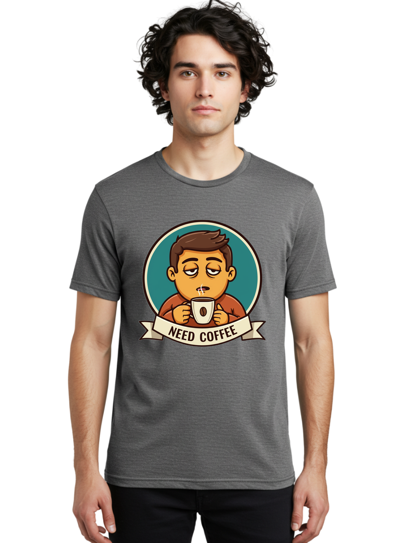 Need-Coffee Men'S Graphic Tee, 100% Cotton, Comfortable Casual Summer Wear, Machine Washable, Tired Cartoon Character, Coffee Lover, Morning Pick-Me-Up, Caffeine Fix, Funny Illustration, Coffee Addiction, Coffee Culture Bac195