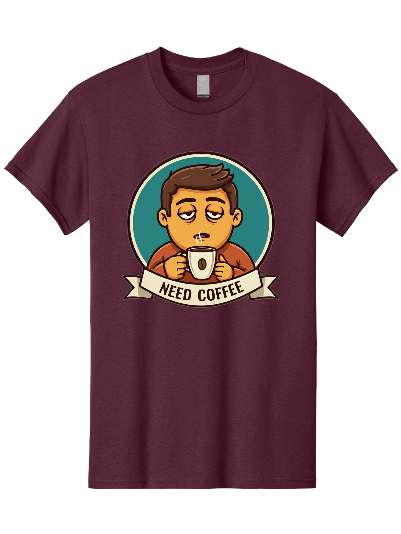Need-Coffee Men'S Graphic Tee, 100% Cotton, Comfortable Casual Summer Wear, Machine Washable, Tired Cartoon Character, Coffee Lover, Morning Pick-Me-Up, Caffeine Fix, Funny Illustration, Coffee Addiction, Coffee Culture Bac195