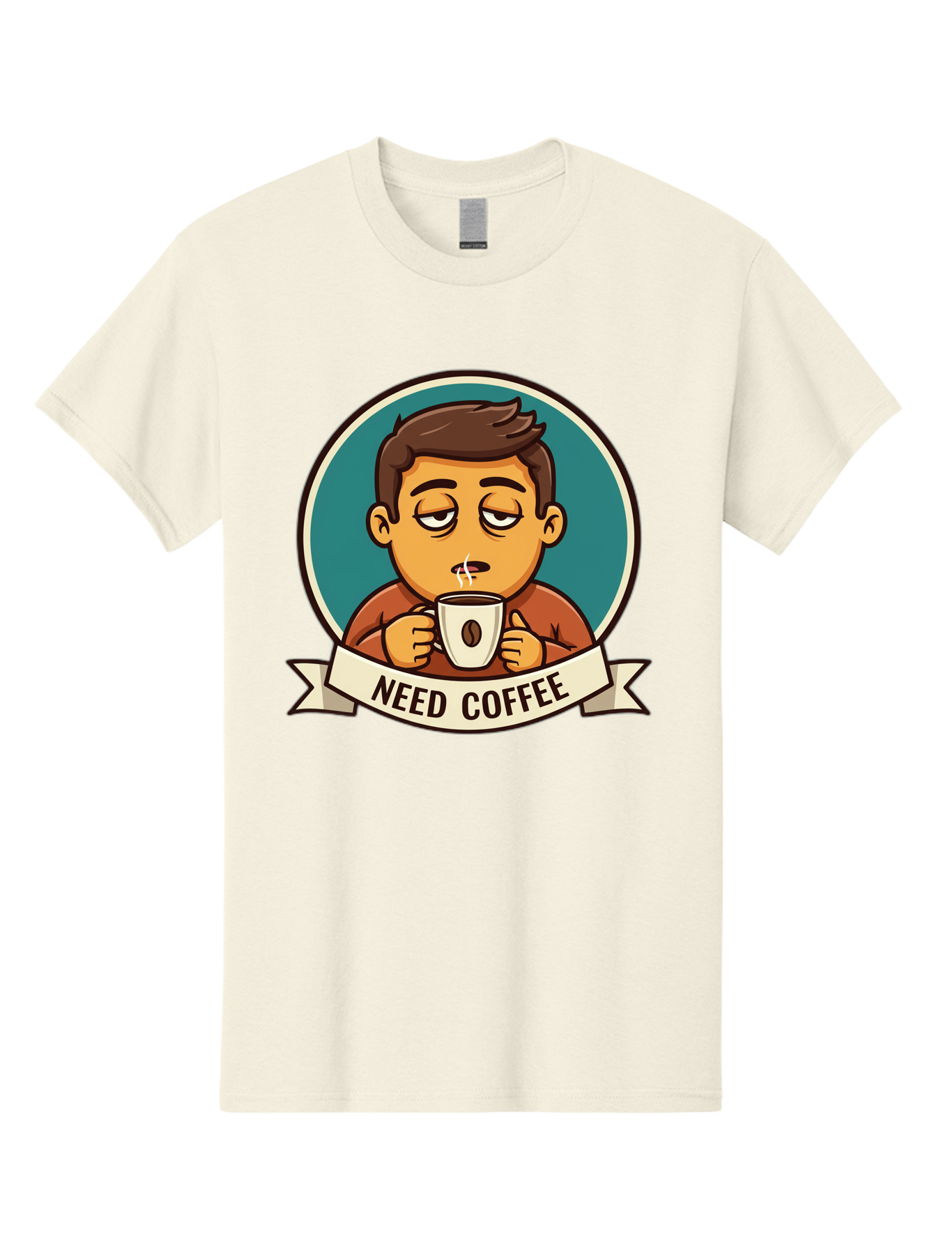 Need-Coffee Men'S Graphic Tee, 100% Cotton, Comfortable Casual Summer Wear, Machine Washable, Tired Cartoon Character, Coffee Lover, Morning Pick-Me-Up, Caffeine Fix, Funny Illustration, Coffee Addiction, Coffee Culture Bac195