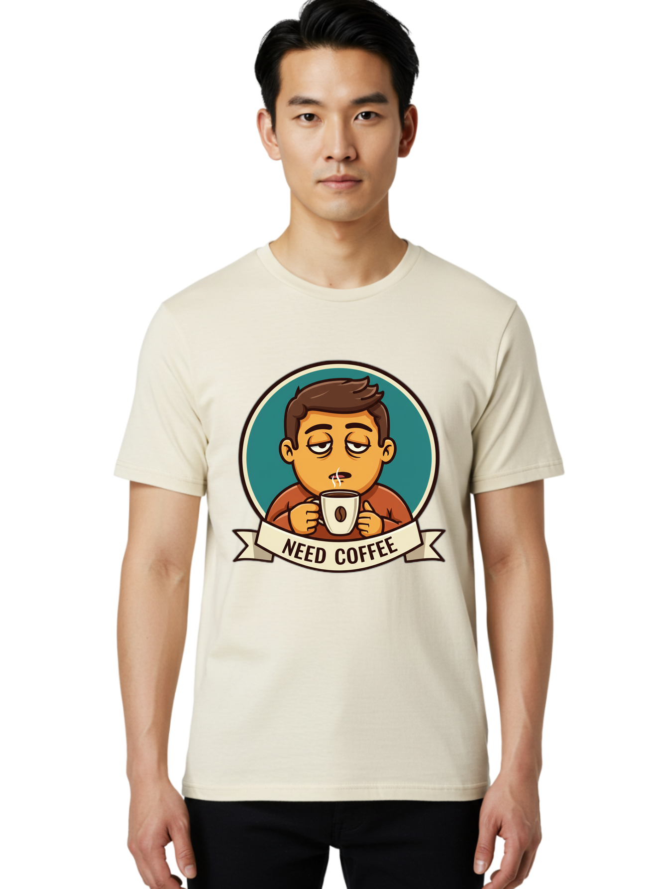 Need-Coffee Men'S Graphic Tee, 100% Cotton, Comfortable Casual Summer Wear, Machine Washable, Tired Cartoon Character, Coffee Lover, Morning Pick-Me-Up, Caffeine Fix, Funny Illustration, Coffee Addiction, Coffee Culture Bac195