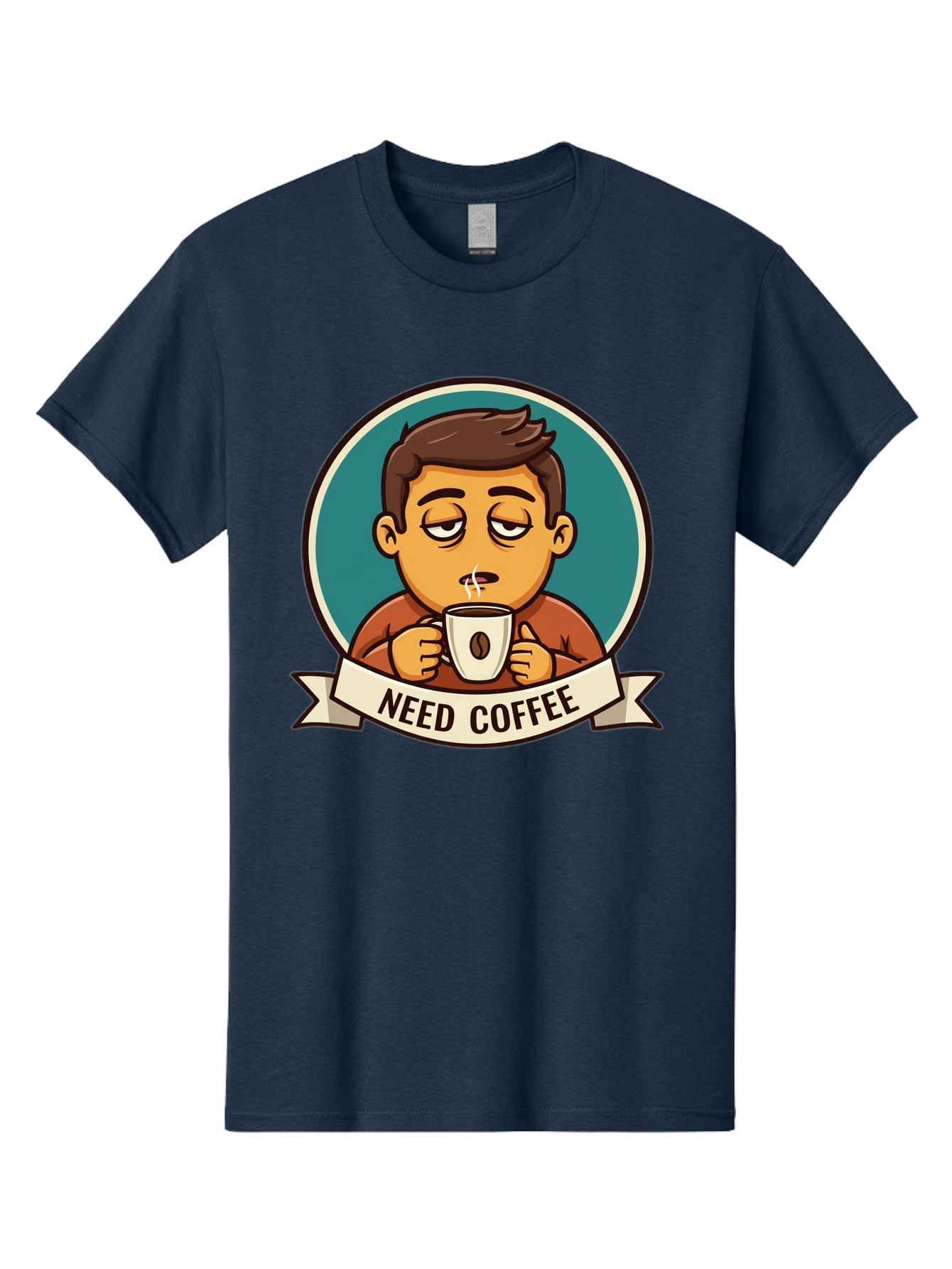 Need-Coffee Men'S Graphic Tee, 100% Cotton, Comfortable Casual Summer Wear, Machine Washable, Tired Cartoon Character, Coffee Lover, Morning Pick-Me-Up, Caffeine Fix, Funny Illustration, Coffee Addiction, Coffee Culture Bac195