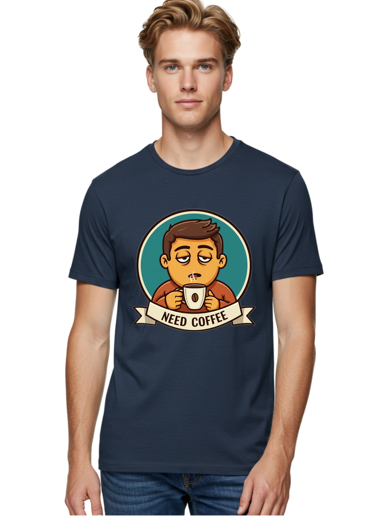 Need-Coffee Men'S Graphic Tee, 100% Cotton, Comfortable Casual Summer Wear, Machine Washable, Tired Cartoon Character, Coffee Lover, Morning Pick-Me-Up, Caffeine Fix, Funny Illustration, Coffee Addiction, Coffee Culture Bac195