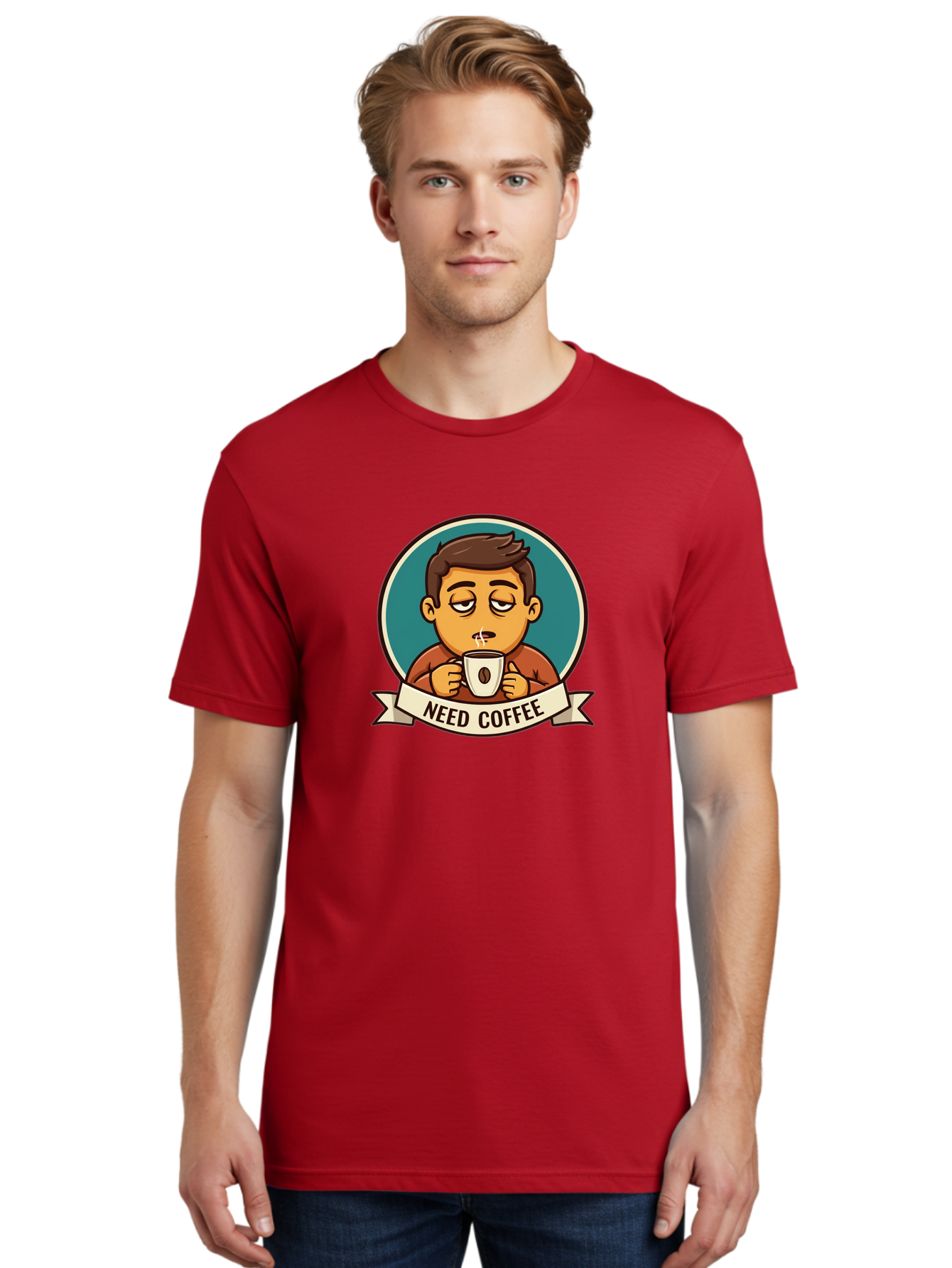Need-Coffee Men'S Graphic Tee, 100% Cotton, Comfortable Casual Summer Wear, Machine Washable, Tired Cartoon Character, Coffee Lover, Morning Pick-Me-Up, Caffeine Fix, Funny Illustration, Coffee Addiction, Coffee Culture Bac195