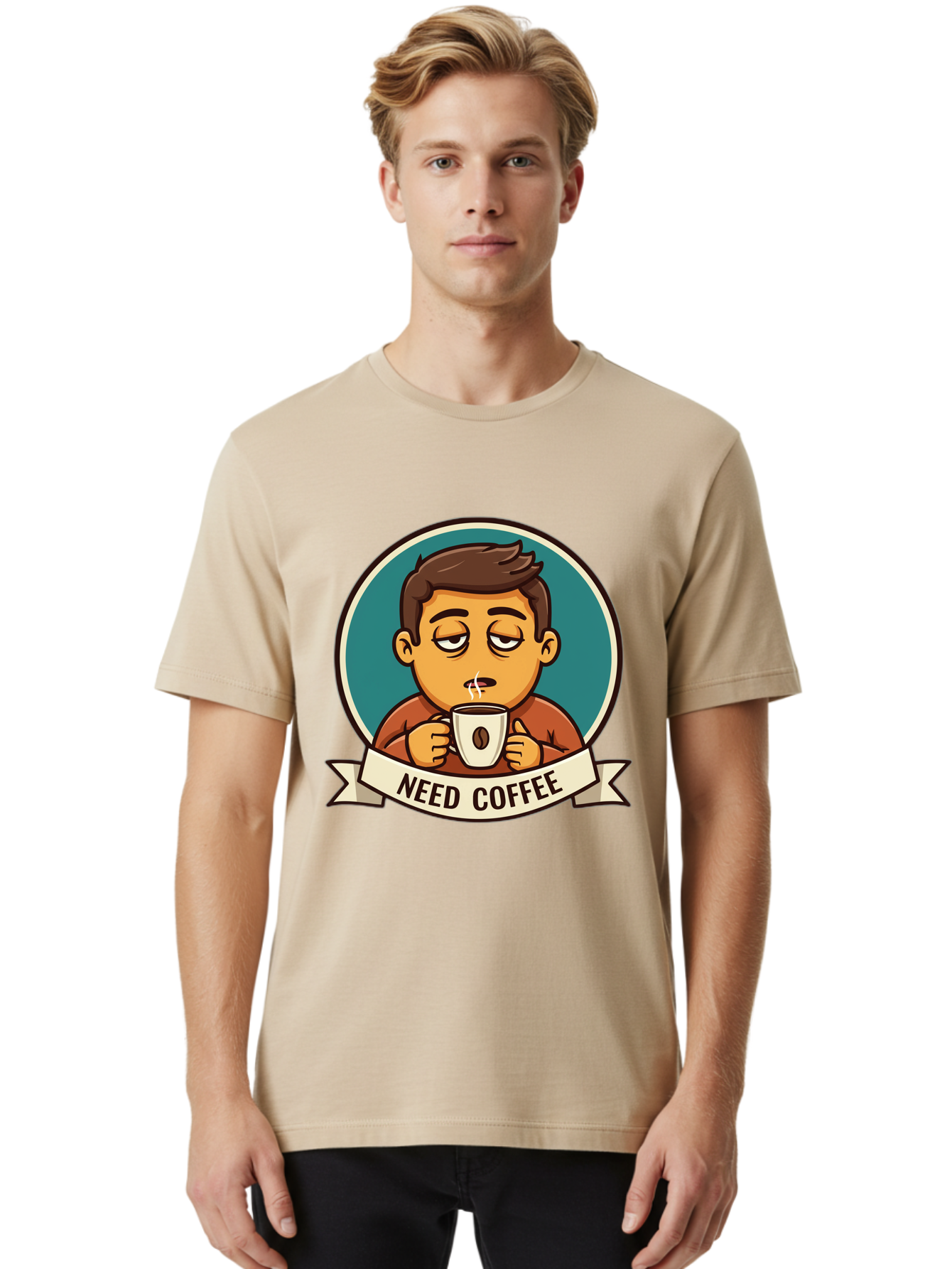 Need-Coffee Men'S Graphic Tee, 100% Cotton, Comfortable Casual Summer Wear, Machine Washable, Tired Cartoon Character, Coffee Lover, Morning Pick-Me-Up, Caffeine Fix, Funny Illustration, Coffee Addiction, Coffee Culture Bac195