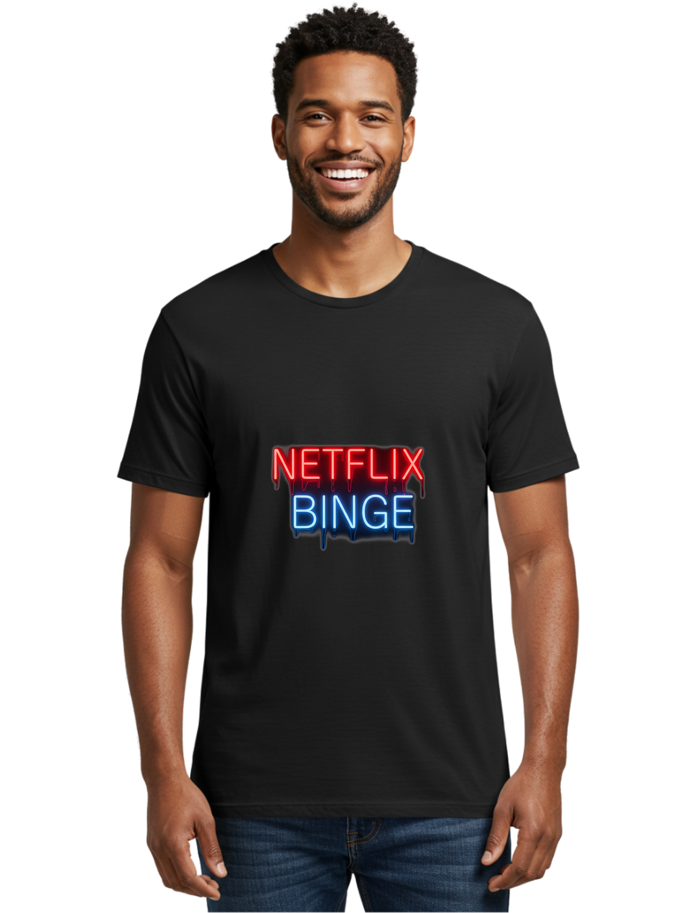 Netflix-Binge Men'S Graphic Tee, 100% Cotton, Comfortable Casual Summer Wear, Machine Washable, Netflix, Binge-Watching, Streaming Service, Neon Sign, Red And Blue Text, Tv Shows, Online Entertainment, Popular Culture, Dript Effect, Bac196
