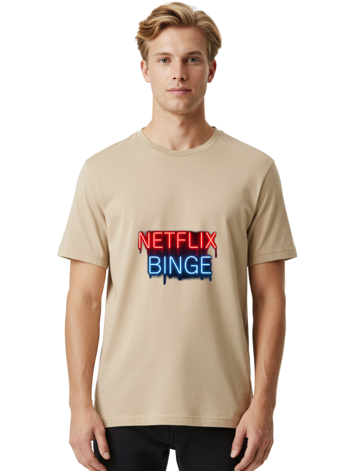 Netflix-Binge Men'S Graphic Tee, 100% Cotton, Comfortable Casual Summer Wear, Machine Washable, Netflix, Binge-Watching, Streaming Service, Neon Sign, Red And Blue Text, Tv Shows, Online Entertainment, Popular Culture, Dript Effect, Bac196