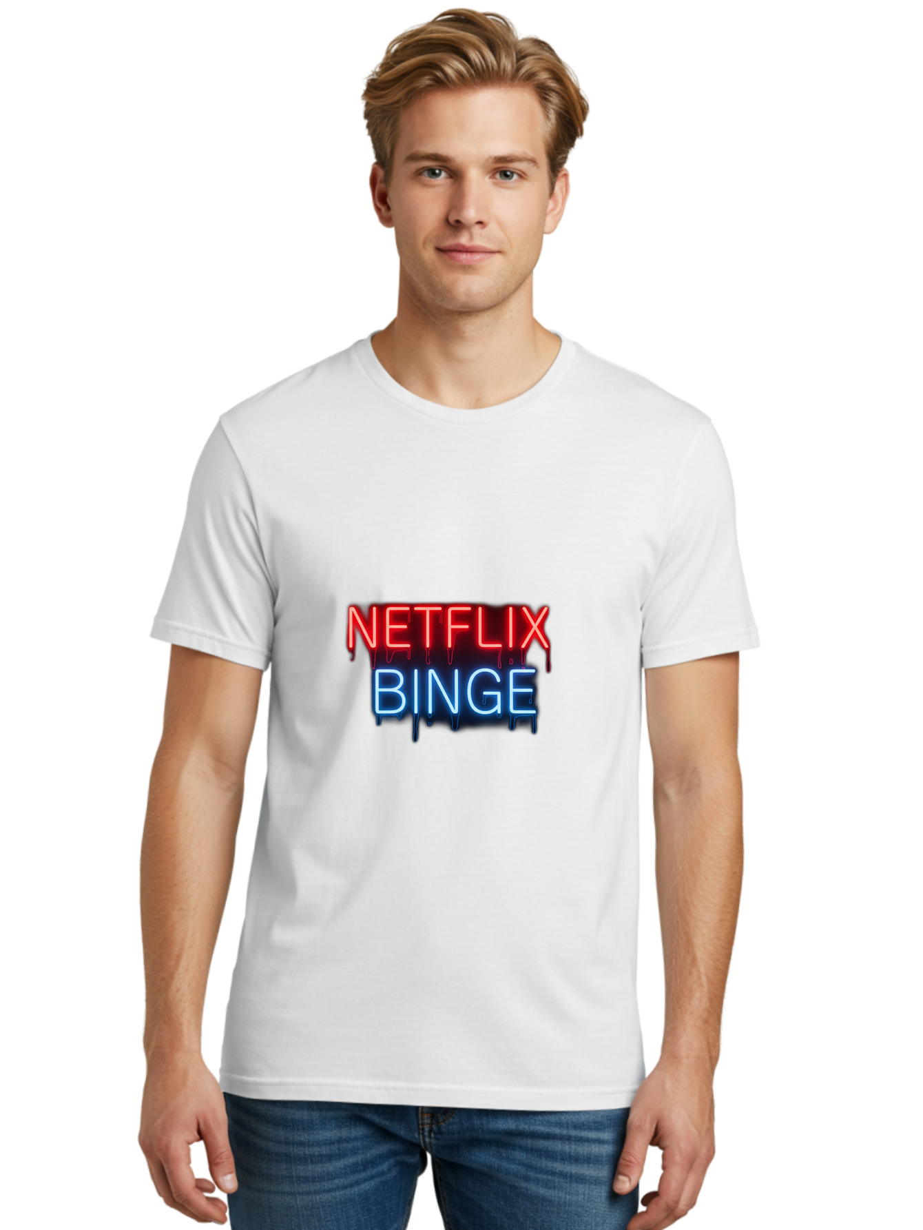 Netflix-Binge Men'S Graphic Tee, 100% Cotton, Comfortable Casual Summer Wear, Machine Washable, Netflix, Binge-Watching, Streaming Service, Neon Sign, Red And Blue Text, Tv Shows, Online Entertainment, Popular Culture, Dript Effect, Bac196