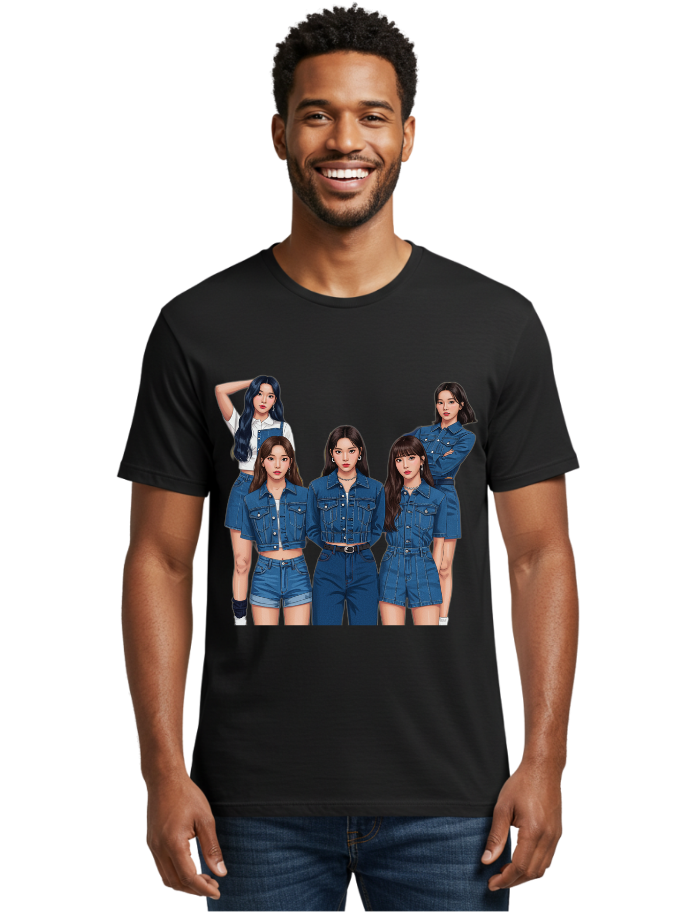 Newjeans-Group-Shot Men'S Graphic Tee, 100% Cotton, Comfortable Casual Summer Wear, Machine Washable, Newjeans K-Pop Group, Five Members, Denim Outfits, Casual Style, Fashion Icons, Group Portrait, K-Pop Fashion, Trendy Clothing, Long Hair, Bac197