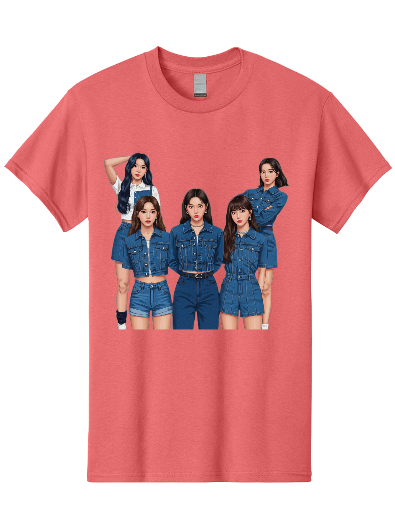 Newjeans-Group-Shot Men'S Graphic Tee, 100% Cotton, Comfortable Casual Summer Wear, Machine Washable, Newjeans K-Pop Group, Five Members, Denim Outfits, Casual Style, Fashion Icons, Group Portrait, K-Pop Fashion, Trendy Clothing, Long Hair, Bac197