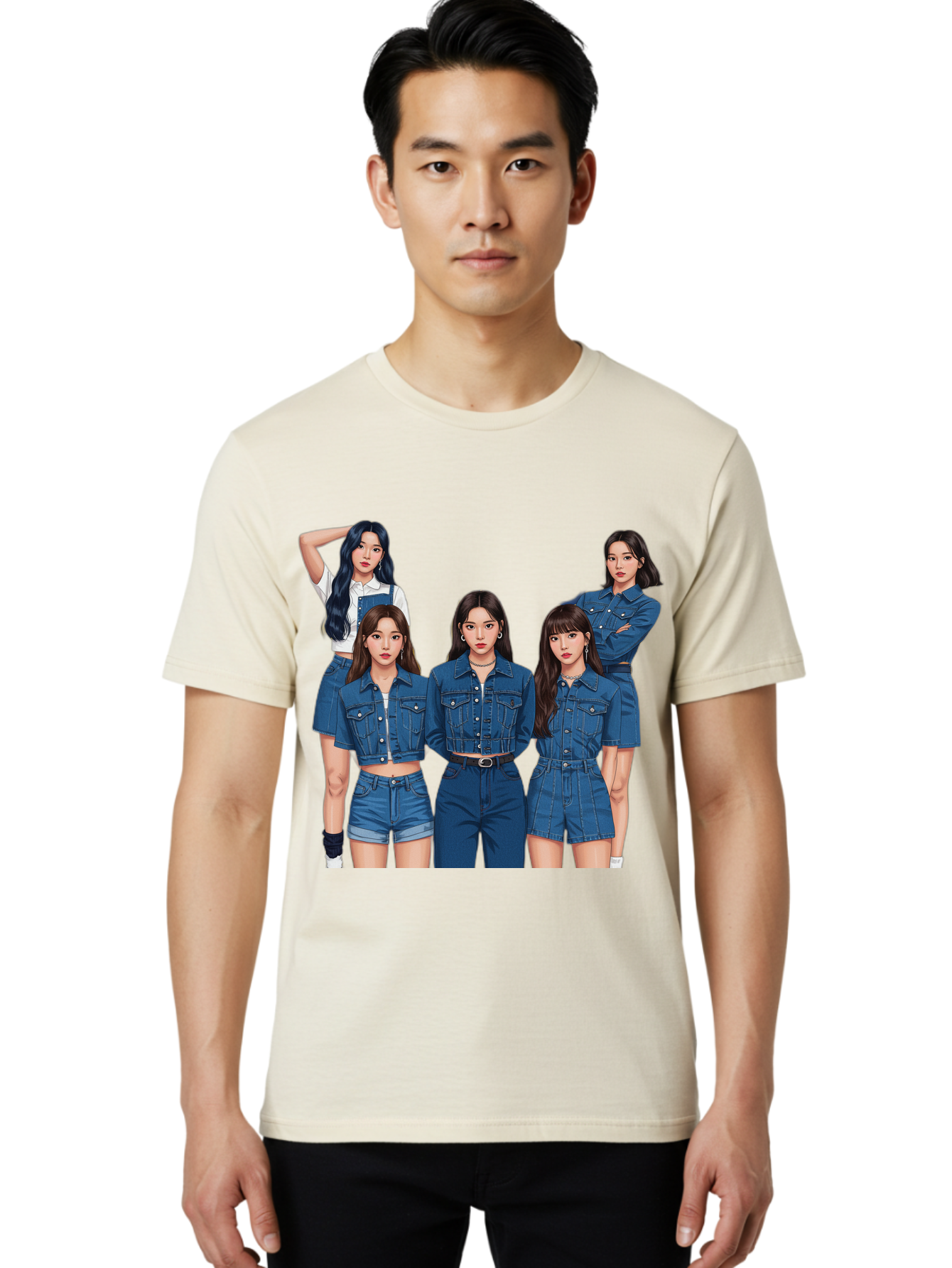 Newjeans-Group-Shot Men'S Graphic Tee, 100% Cotton, Comfortable Casual Summer Wear, Machine Washable, Newjeans K-Pop Group, Five Members, Denim Outfits, Casual Style, Fashion Icons, Group Portrait, K-Pop Fashion, Trendy Clothing, Long Hair, Bac197