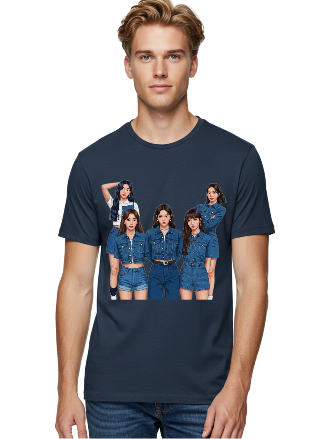 Newjeans-Group-Shot Men'S Graphic Tee, 100% Cotton, Comfortable Casual Summer Wear, Machine Washable, Newjeans K-Pop Group, Five Members, Denim Outfits, Casual Style, Fashion Icons, Group Portrait, K-Pop Fashion, Trendy Clothing, Long Hair, Bac197