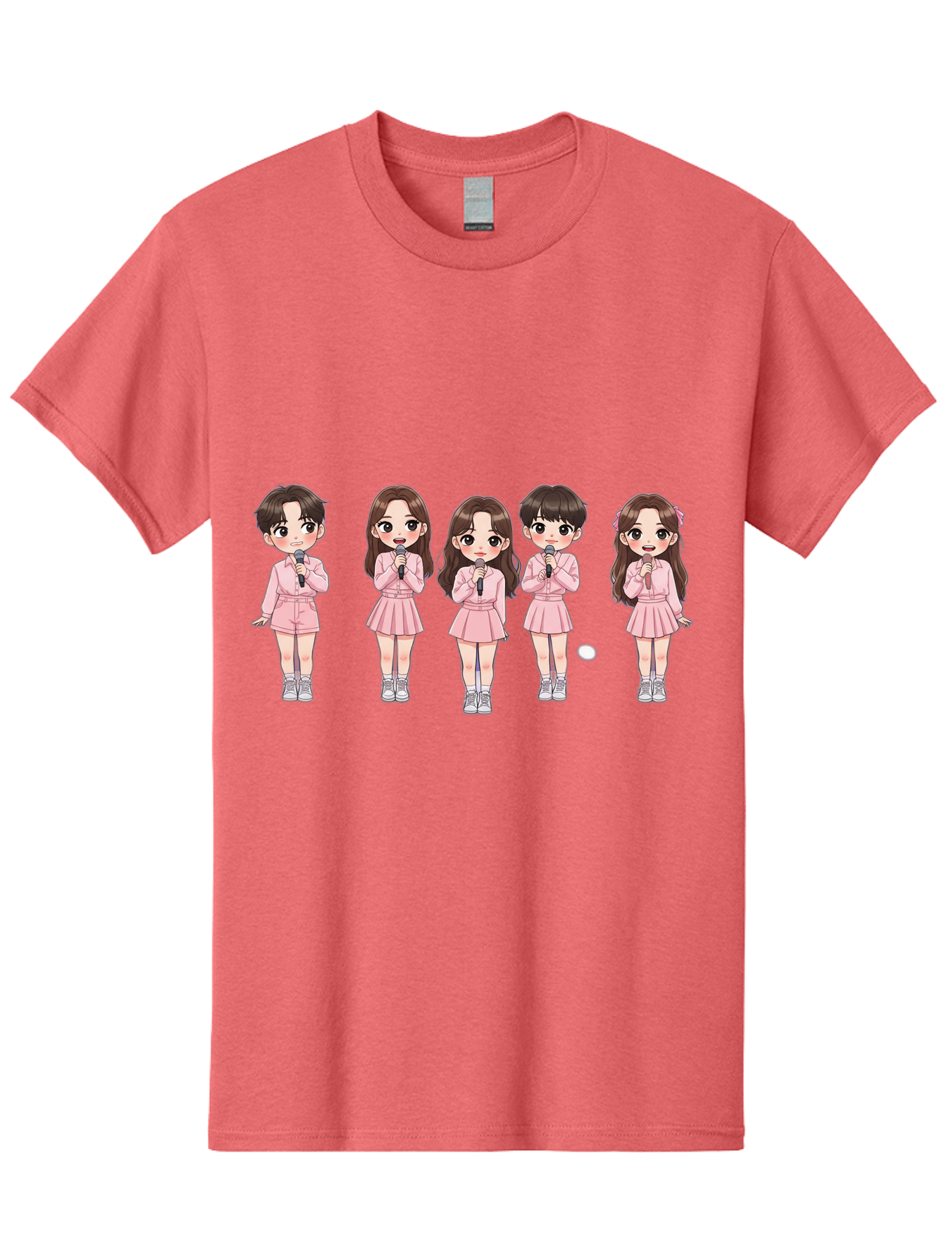 Newjeans Men'S Graphic Tee, 100% Cotton, Comfortable Casual Summer Wear, Machine Washable, Newjeans K-Pop Group, Cartoon Illustration, K-Pop Idols, Pink Outfits, Microphones, K-Pop Fandom, Chibi Style, K-Pop Fashion, Group Portrait Bac198