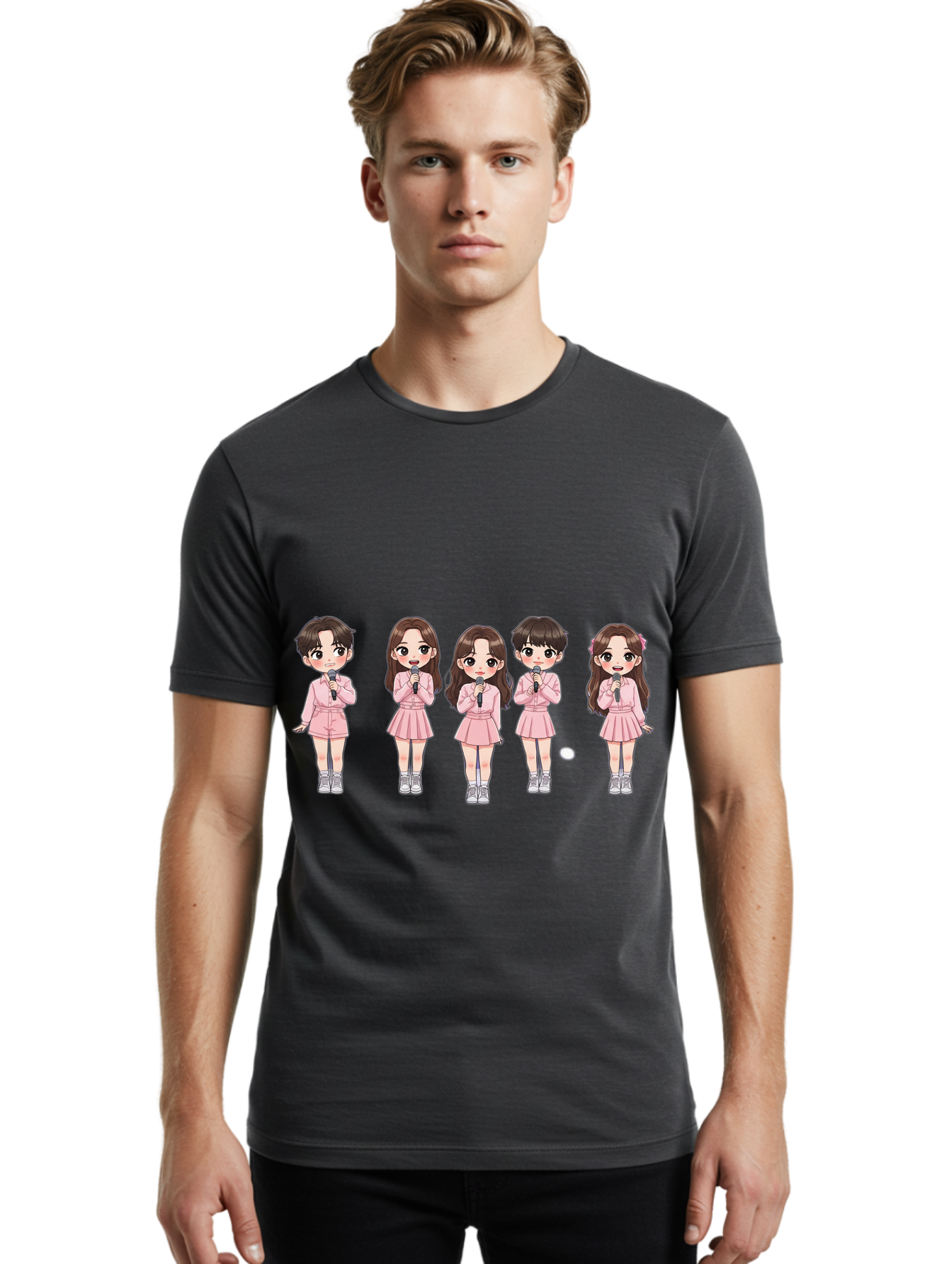Newjeans Men'S Graphic Tee, 100% Cotton, Comfortable Casual Summer Wear, Machine Washable, Newjeans K-Pop Group, Cartoon Illustration, K-Pop Idols, Pink Outfits, Microphones, K-Pop Fandom, Chibi Style, K-Pop Fashion, Group Portrait Bac198