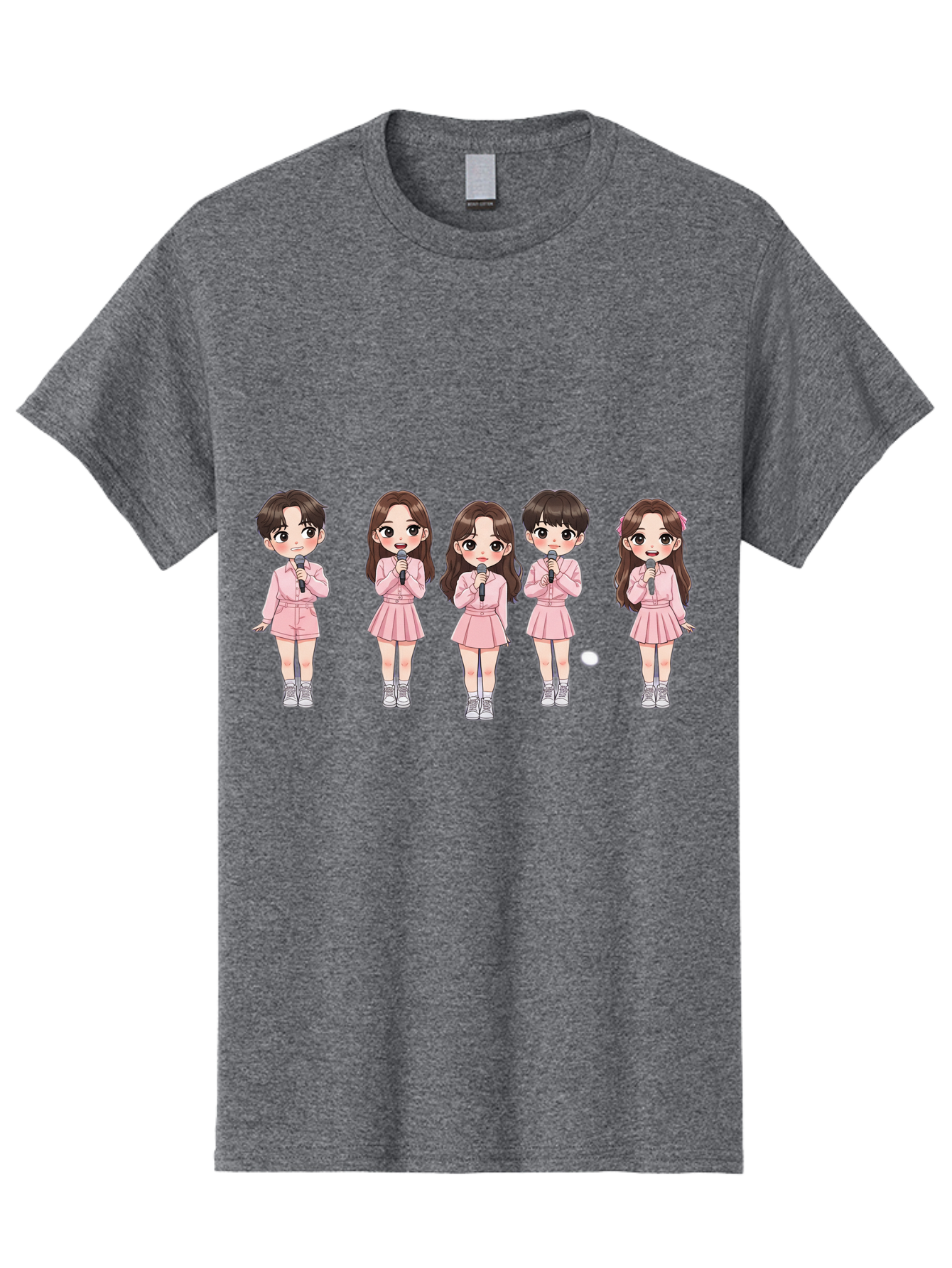 Newjeans Men'S Graphic Tee, 100% Cotton, Comfortable Casual Summer Wear, Machine Washable, Newjeans K-Pop Group, Cartoon Illustration, K-Pop Idols, Pink Outfits, Microphones, K-Pop Fandom, Chibi Style, K-Pop Fashion, Group Portrait Bac198