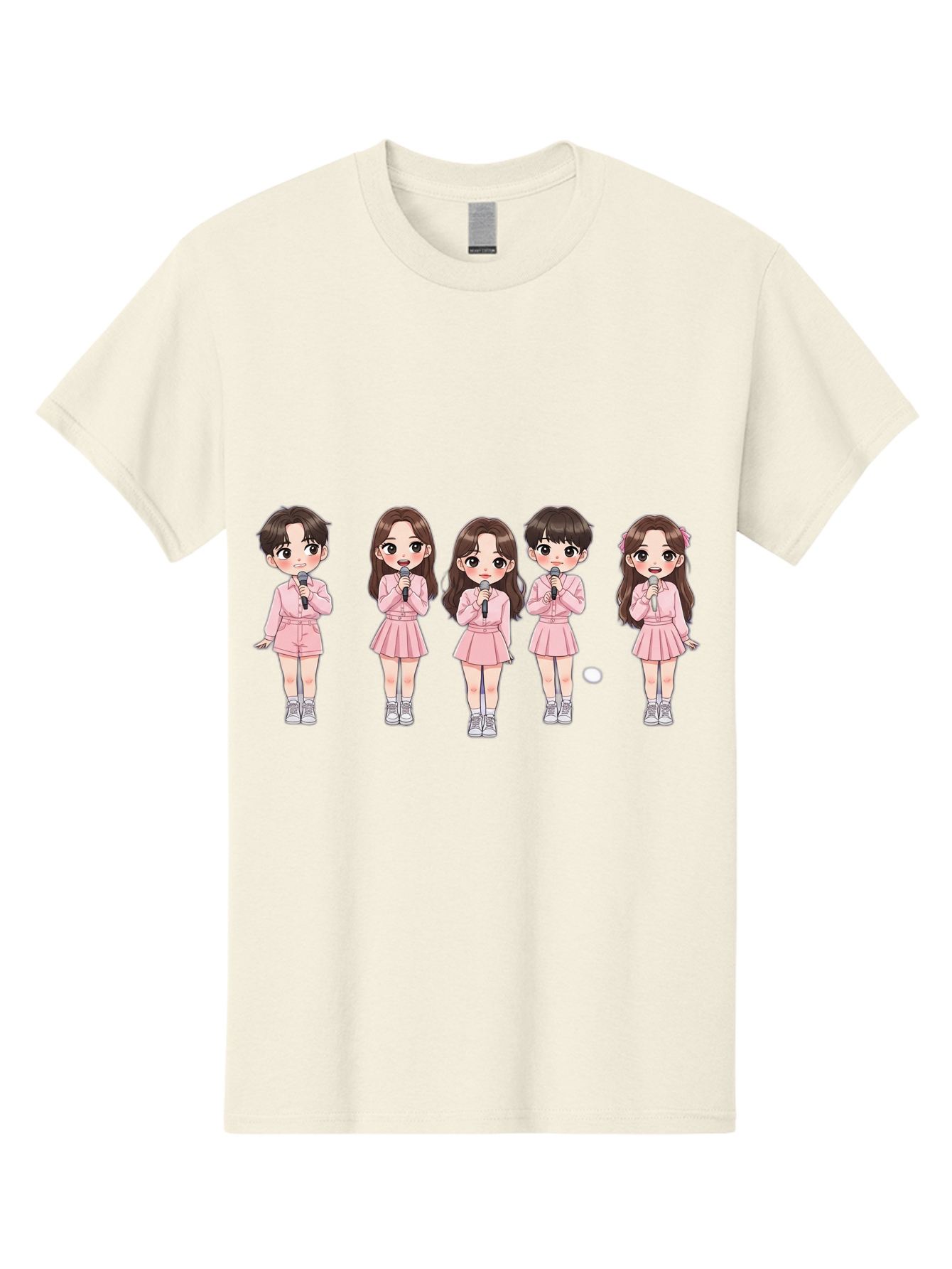 Newjeans Men'S Graphic Tee, 100% Cotton, Comfortable Casual Summer Wear, Machine Washable, Newjeans K-Pop Group, Cartoon Illustration, K-Pop Idols, Pink Outfits, Microphones, K-Pop Fandom, Chibi Style, K-Pop Fashion, Group Portrait Bac198