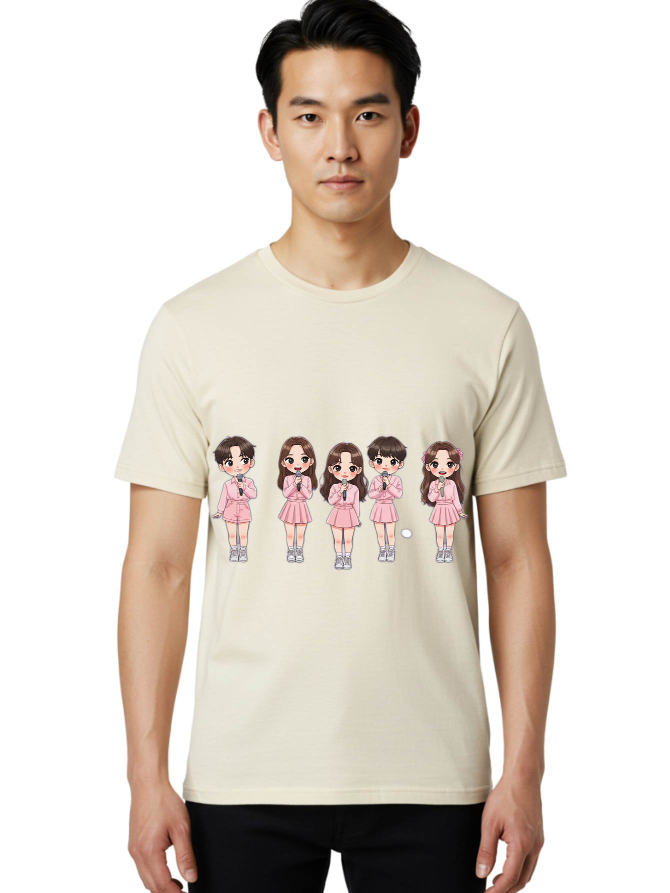 Newjeans Men'S Graphic Tee, 100% Cotton, Comfortable Casual Summer Wear, Machine Washable, Newjeans K-Pop Group, Cartoon Illustration, K-Pop Idols, Pink Outfits, Microphones, K-Pop Fandom, Chibi Style, K-Pop Fashion, Group Portrait Bac198