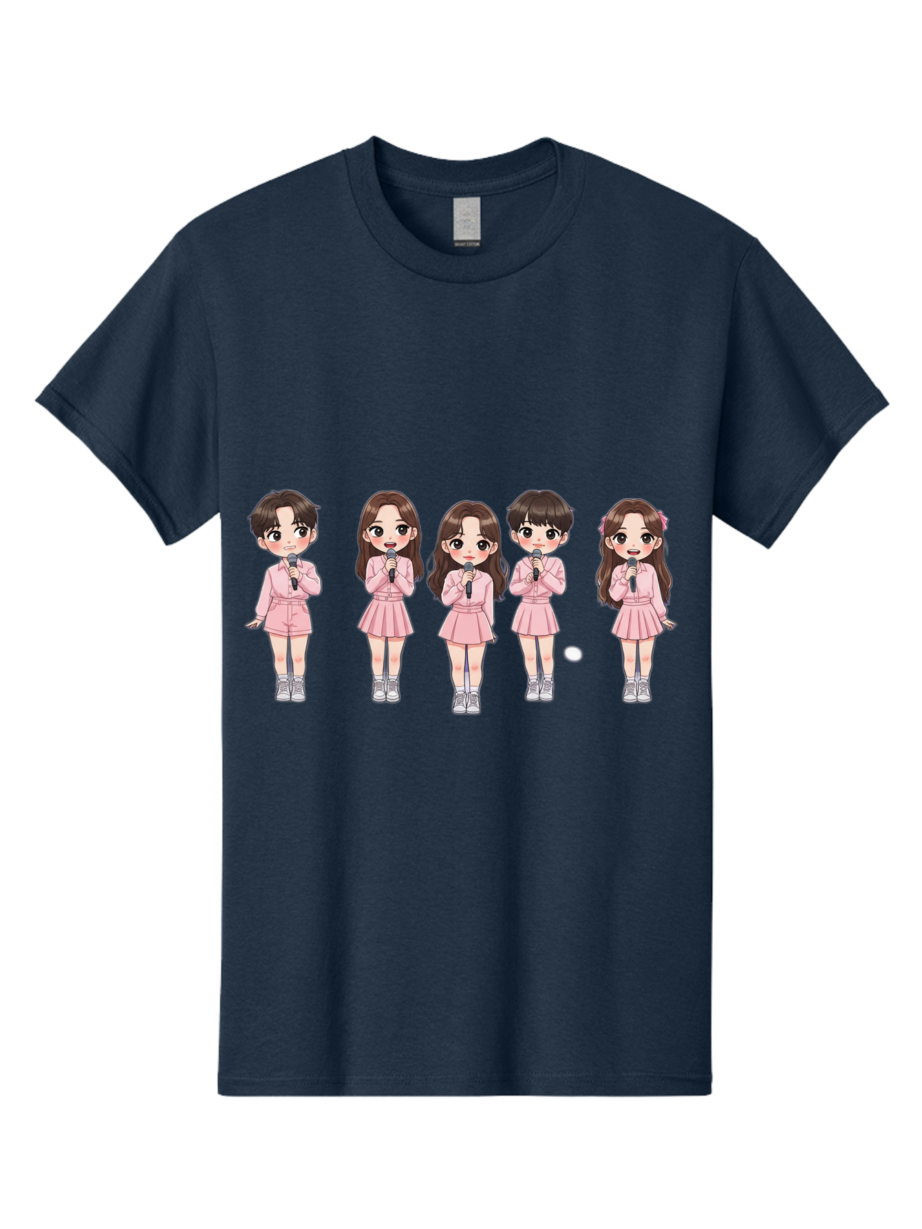 Newjeans Men'S Graphic Tee, 100% Cotton, Comfortable Casual Summer Wear, Machine Washable, Newjeans K-Pop Group, Cartoon Illustration, K-Pop Idols, Pink Outfits, Microphones, K-Pop Fandom, Chibi Style, K-Pop Fashion, Group Portrait Bac198
