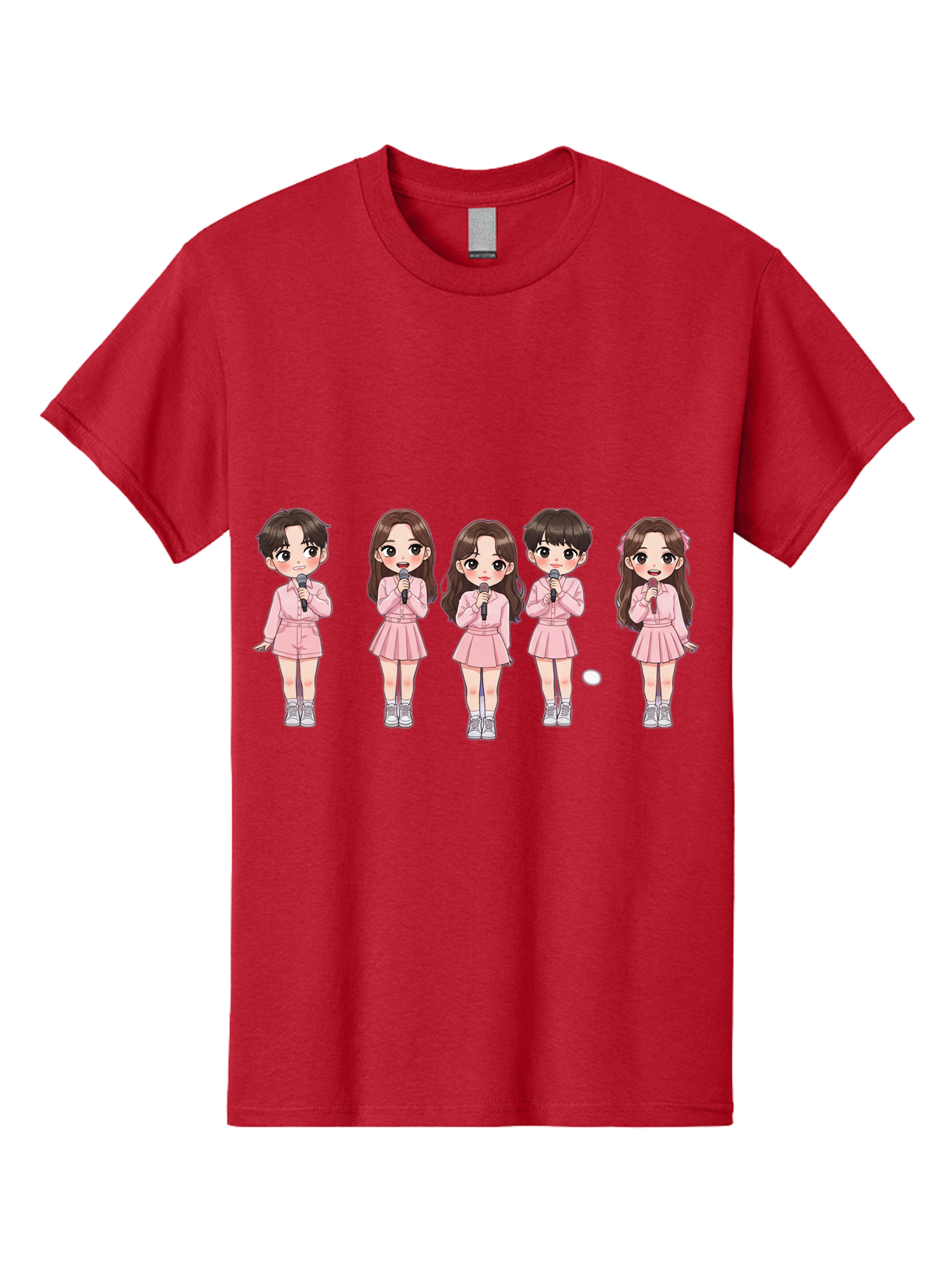 Newjeans Men'S Graphic Tee, 100% Cotton, Comfortable Casual Summer Wear, Machine Washable, Newjeans K-Pop Group, Cartoon Illustration, K-Pop Idols, Pink Outfits, Microphones, K-Pop Fandom, Chibi Style, K-Pop Fashion, Group Portrait Bac198