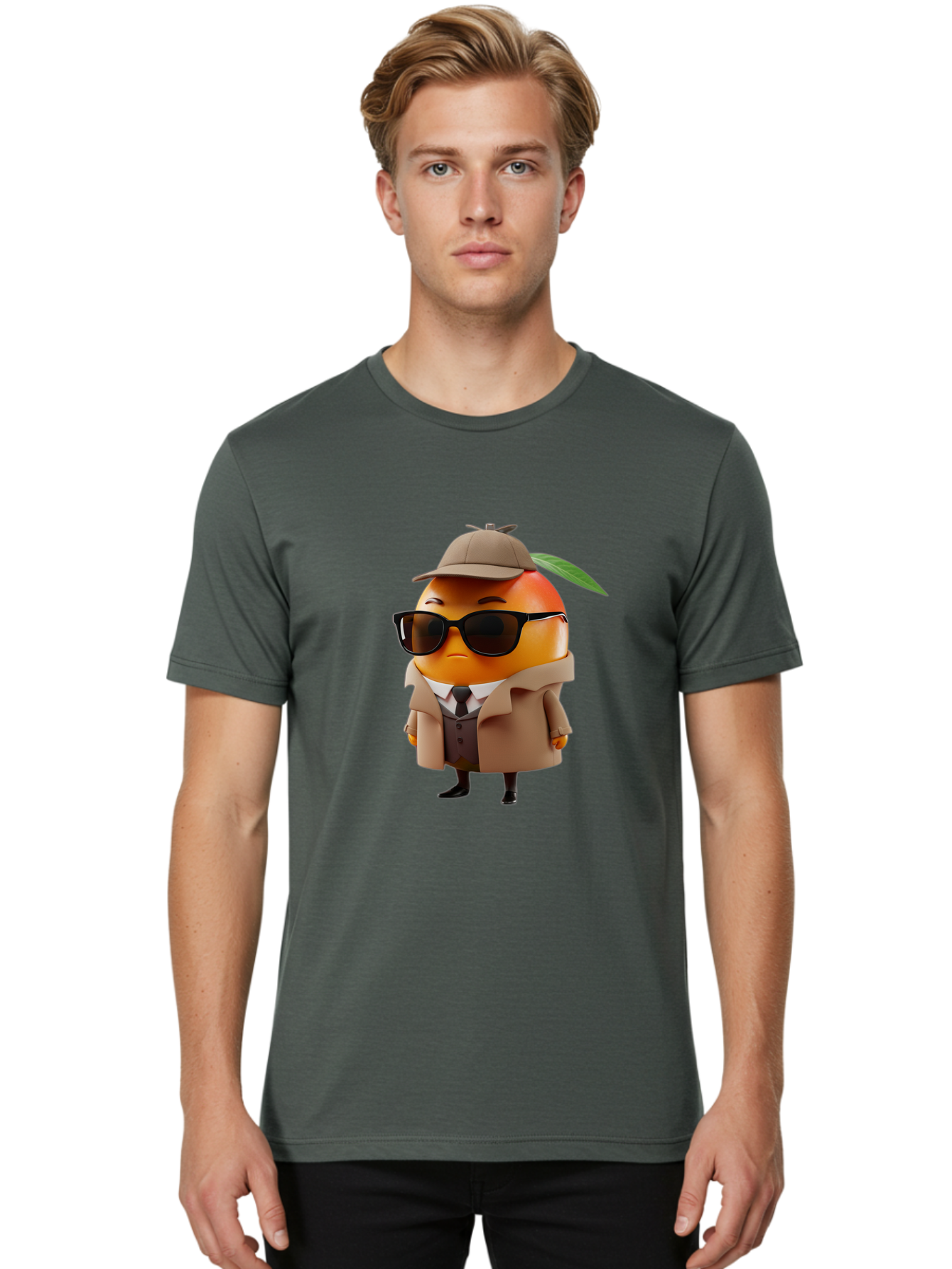 Orange-Detective Men'S Graphic Tee, 100% Cotton, Comfortable Casual Summer Wear, Machine Washable, Orange Character, Detective Orange, Anthropomorphic Fruit, Sunglasses, Trench Coat, Fedora Hat, Leaf Hatband, Stylish Outfit, Cartoon Character, Bac202