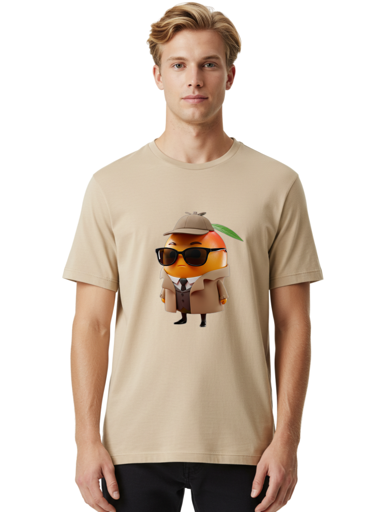 Orange-Detective Men'S Graphic Tee, 100% Cotton, Comfortable Casual Summer Wear, Machine Washable, Orange Character, Detective Orange, Anthropomorphic Fruit, Sunglasses, Trench Coat, Fedora Hat, Leaf Hatband, Stylish Outfit, Cartoon Character, Bac202