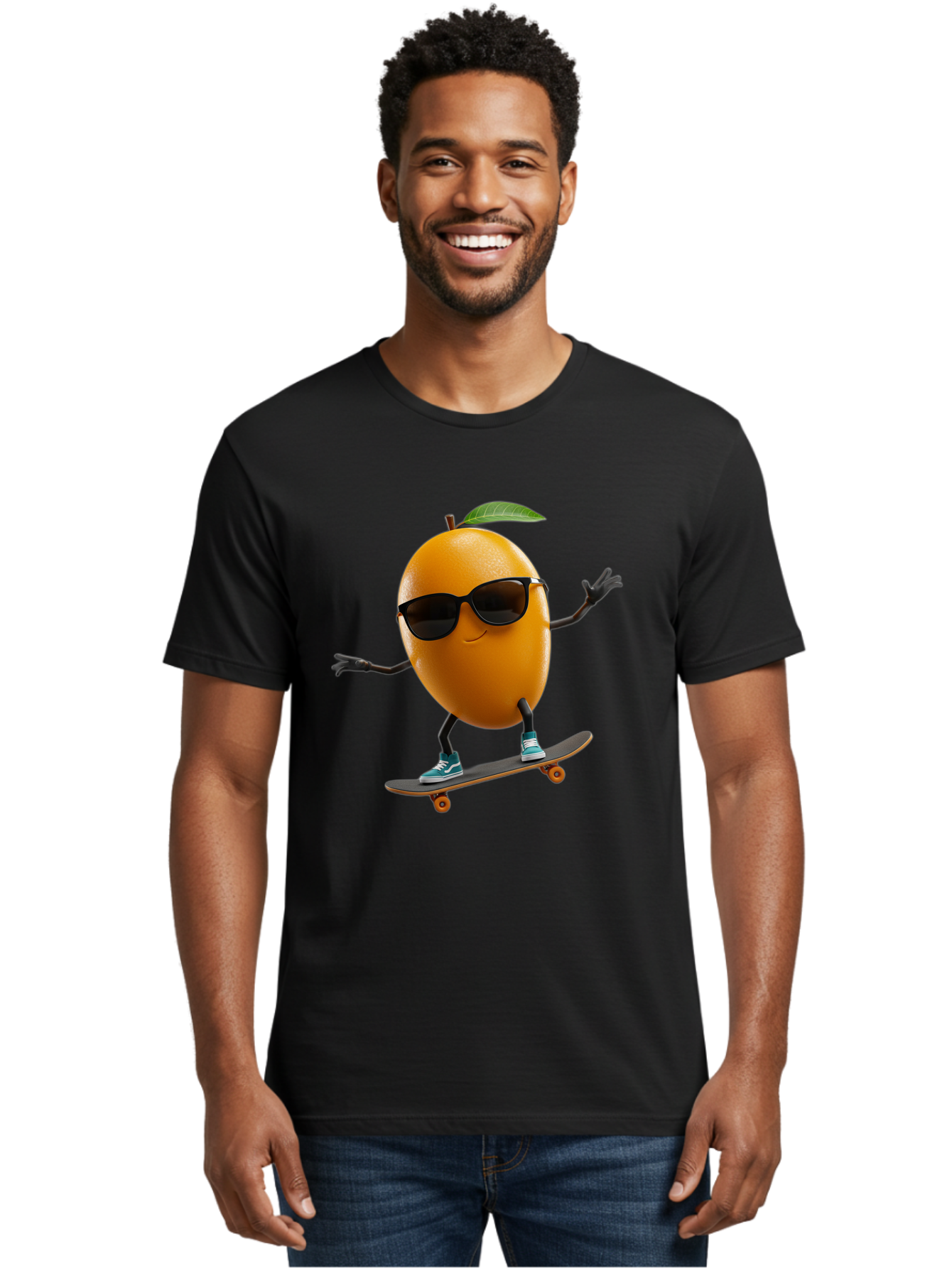 Orange-Skateboarder Men'S Graphic Tee, 100% Cotton, Comfortable Casual Summer Wear, Machine Washable, Cartoon Orange Character, Skateboarding, Sunglasses, Sneakers, Fun, Playful, Vibrant, Citrus Fruit Animation, Orange Skateboarder, Bac203