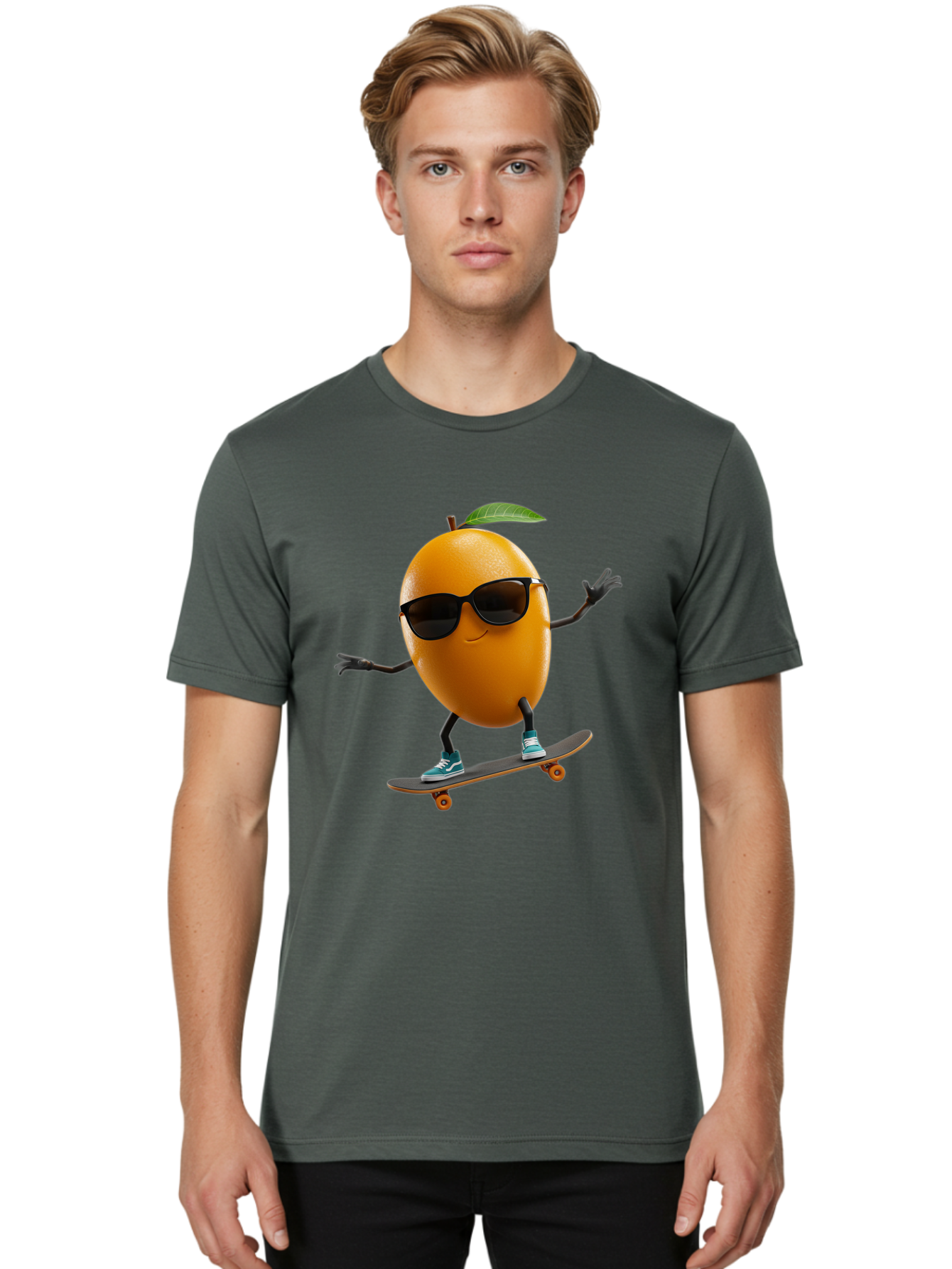 Orange-Skateboarder Men'S Graphic Tee, 100% Cotton, Comfortable Casual Summer Wear, Machine Washable, Cartoon Orange Character, Skateboarding, Sunglasses, Sneakers, Fun, Playful, Vibrant, Citrus Fruit Animation, Orange Skateboarder, Bac203