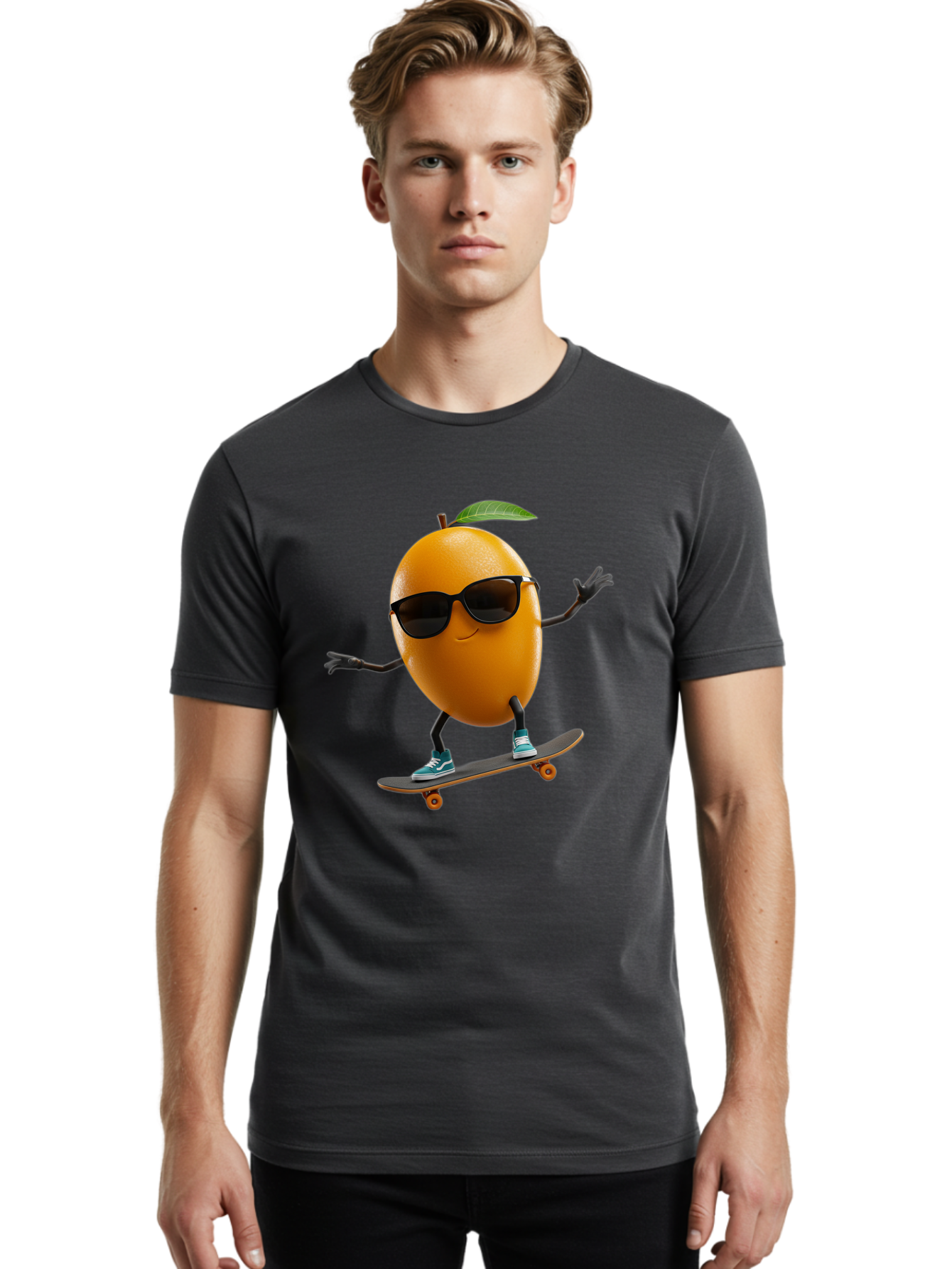 Orange-Skateboarder Men'S Graphic Tee, 100% Cotton, Comfortable Casual Summer Wear, Machine Washable, Cartoon Orange Character, Skateboarding, Sunglasses, Sneakers, Fun, Playful, Vibrant, Citrus Fruit Animation, Orange Skateboarder, Bac203