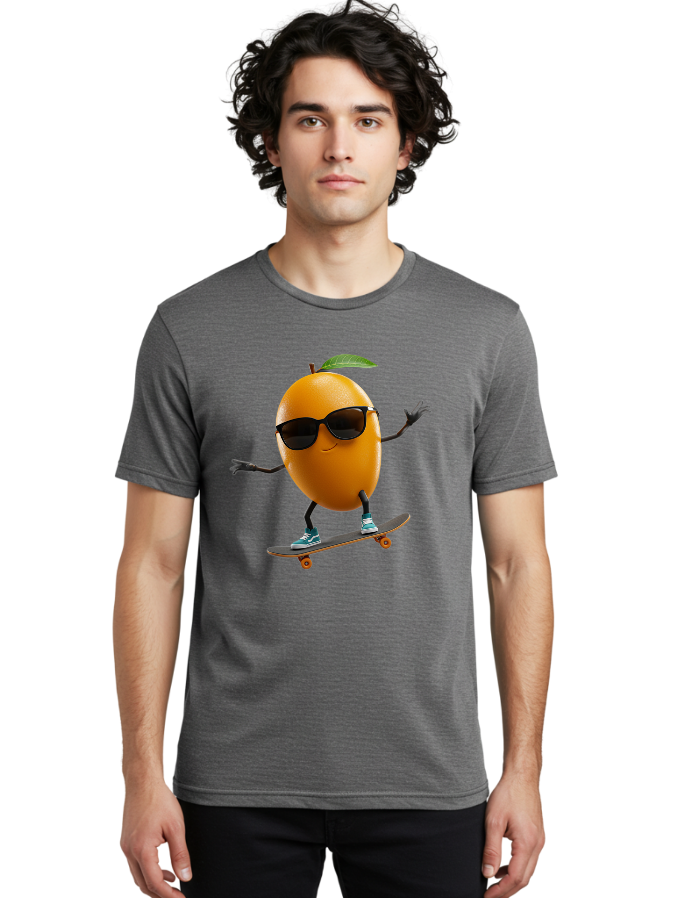 Orange-Skateboarder Men'S Graphic Tee, 100% Cotton, Comfortable Casual Summer Wear, Machine Washable, Cartoon Orange Character, Skateboarding, Sunglasses, Sneakers, Fun, Playful, Vibrant, Citrus Fruit Animation, Orange Skateboarder, Bac203