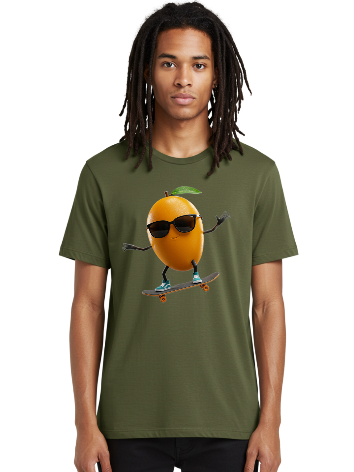 Orange-Skateboarder Men'S Graphic Tee, 100% Cotton, Comfortable Casual Summer Wear, Machine Washable, Cartoon Orange Character, Skateboarding, Sunglasses, Sneakers, Fun, Playful, Vibrant, Citrus Fruit Animation, Orange Skateboarder, Bac203