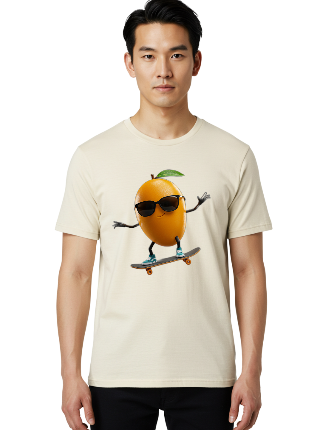 Orange-Skateboarder Men'S Graphic Tee, 100% Cotton, Comfortable Casual Summer Wear, Machine Washable, Cartoon Orange Character, Skateboarding, Sunglasses, Sneakers, Fun, Playful, Vibrant, Citrus Fruit Animation, Orange Skateboarder, Bac203
