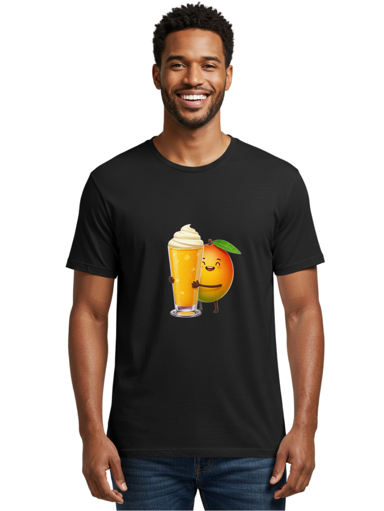 Orange-Smoothie Men'S Graphic Tee, 100% Cotton, Comfortable Casual Summer Wear, Machine Washable, Mango Smoothie, Creamy Texture, Orange Drink, Whipped Cream Topping, Cartoon Mango, Smiling Fruit, Happy Character, Refreshing Beverage, Bac204