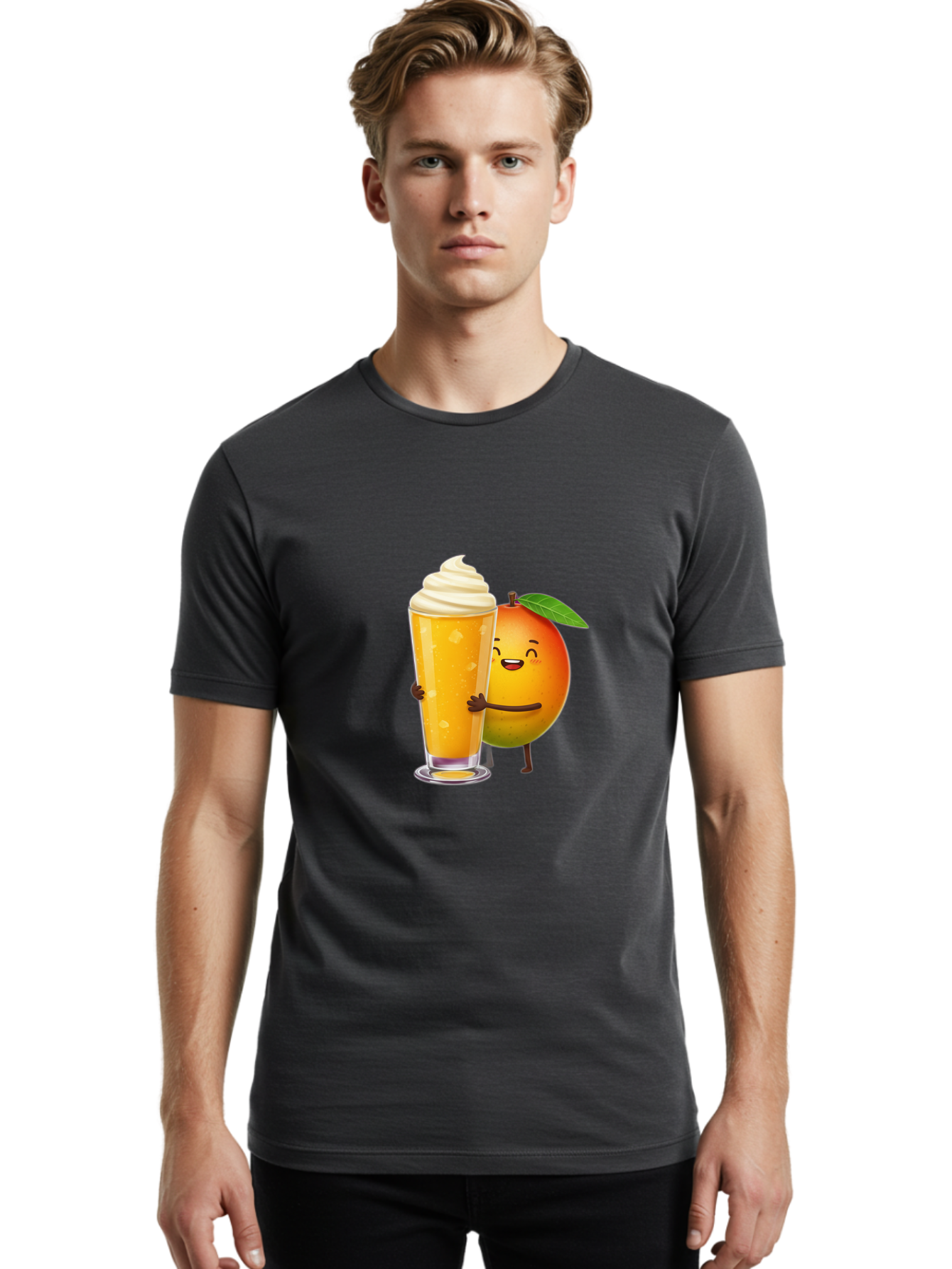 Orange-Smoothie Men'S Graphic Tee, 100% Cotton, Comfortable Casual Summer Wear, Machine Washable, Mango Smoothie, Creamy Texture, Orange Drink, Whipped Cream Topping, Cartoon Mango, Smiling Fruit, Happy Character, Refreshing Beverage, Bac204