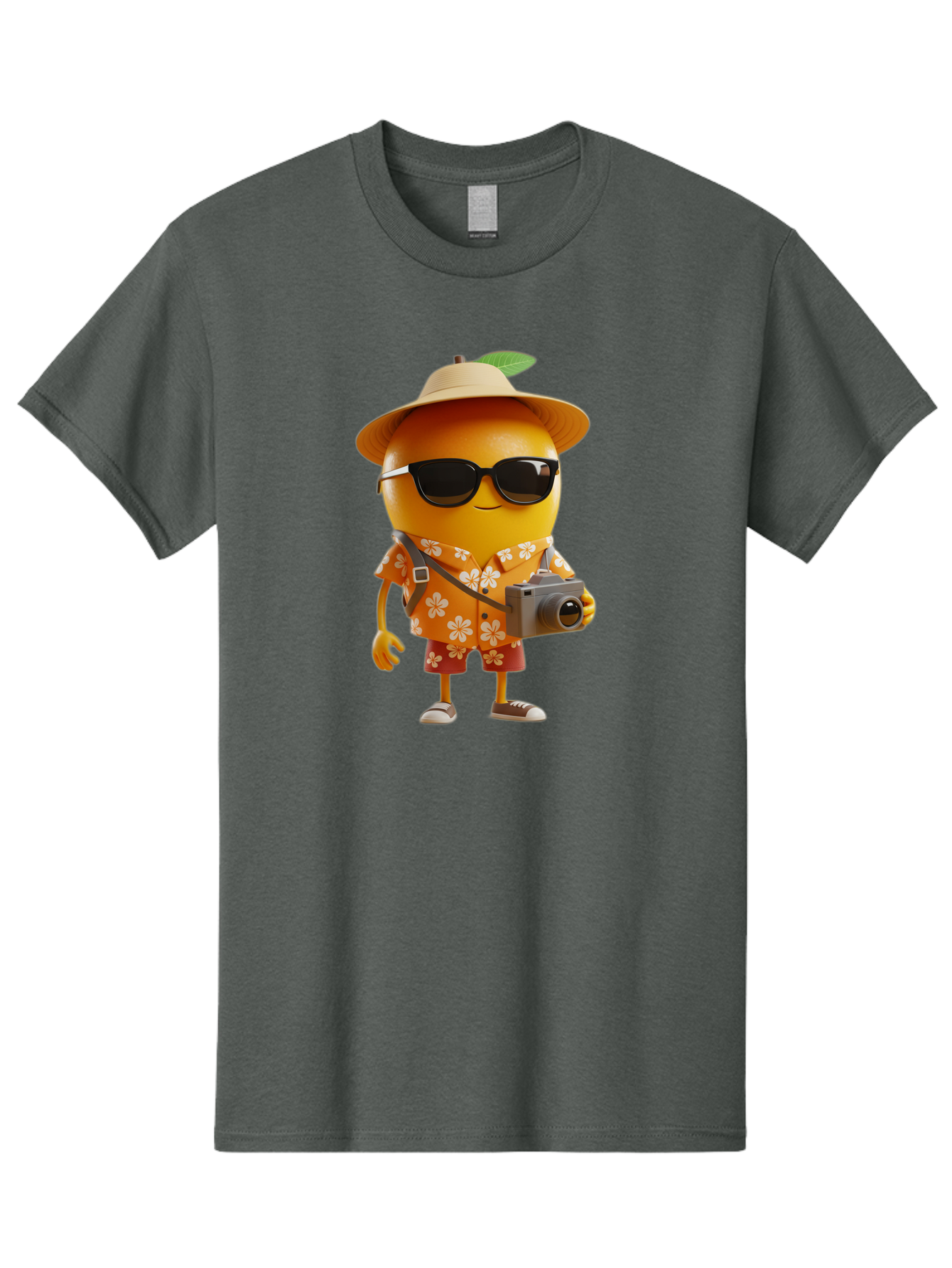Orange-Tourist Men'S Graphic Tee, 100% Cotton, Comfortable Casual Summer Wear, Machine Washable, Cartoon Orange Character, Tourist Attire, Hawaiian Shirt, Sunglasses, Camera, Tropical Vibe, Summer Vacation, Fun And Quirky, Citrus Fruit, Bac205