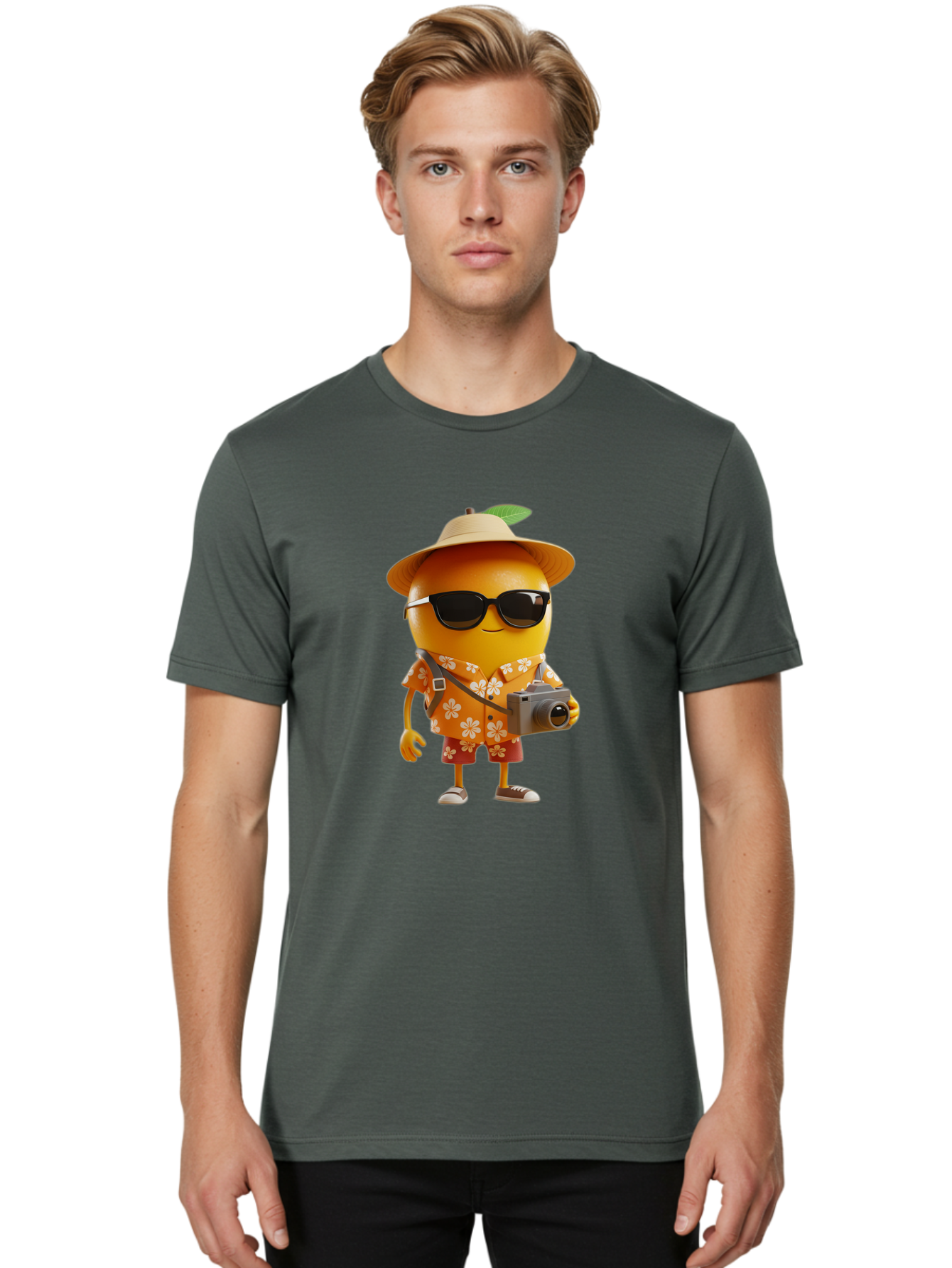Orange-Tourist Men'S Graphic Tee, 100% Cotton, Comfortable Casual Summer Wear, Machine Washable, Cartoon Orange Character, Tourist Attire, Hawaiian Shirt, Sunglasses, Camera, Tropical Vibe, Summer Vacation, Fun And Quirky, Citrus Fruit, Bac205
