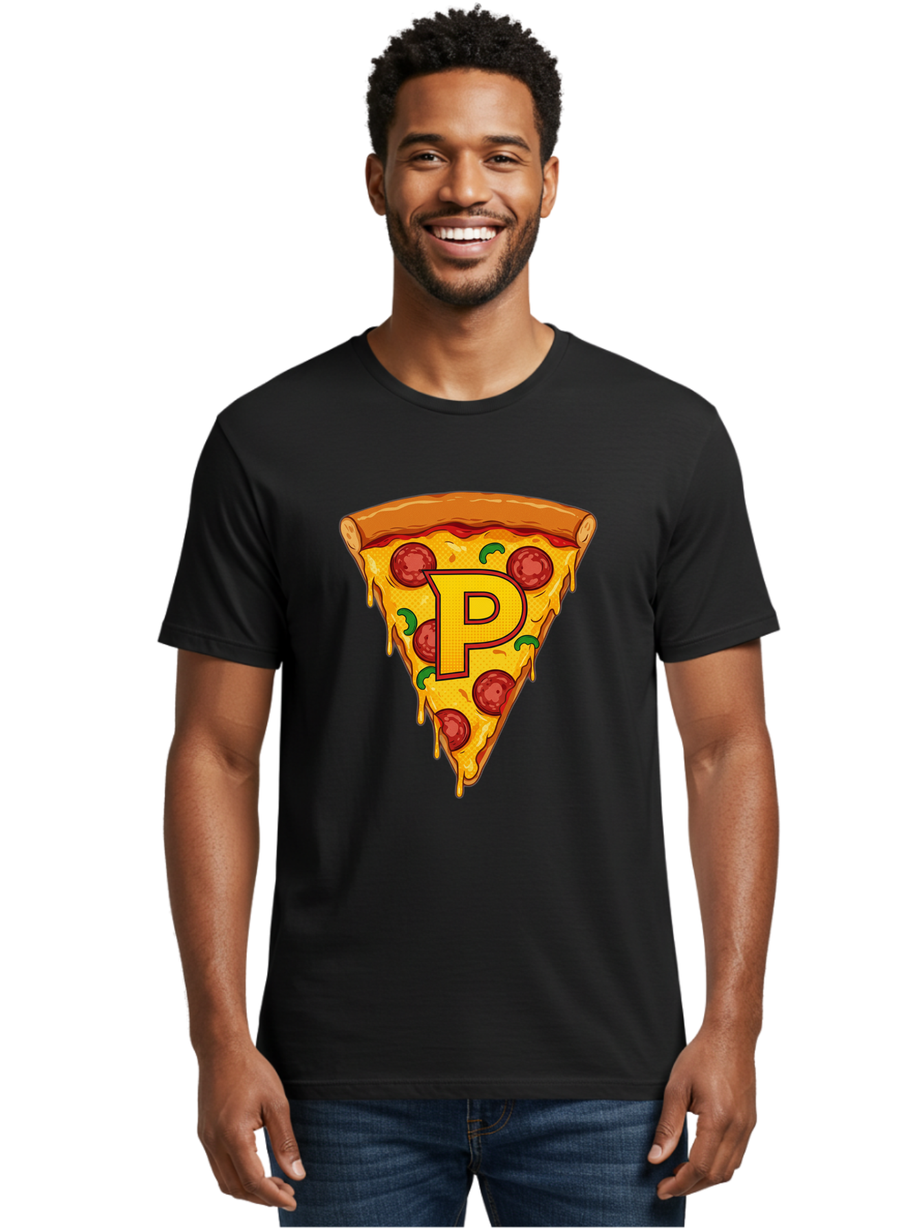 P-Pizza-Slice Men'S Graphic Tee, 100% Cotton, Comfortable Casual Summer Wear, Machine Washable, Pizza Slice, Melted Cheese, Pepperoni Toppings, Green Peppers, Italian Food, Letter P, Cartoon Style, Food Illustration, Cheesy Goodness, Bac206