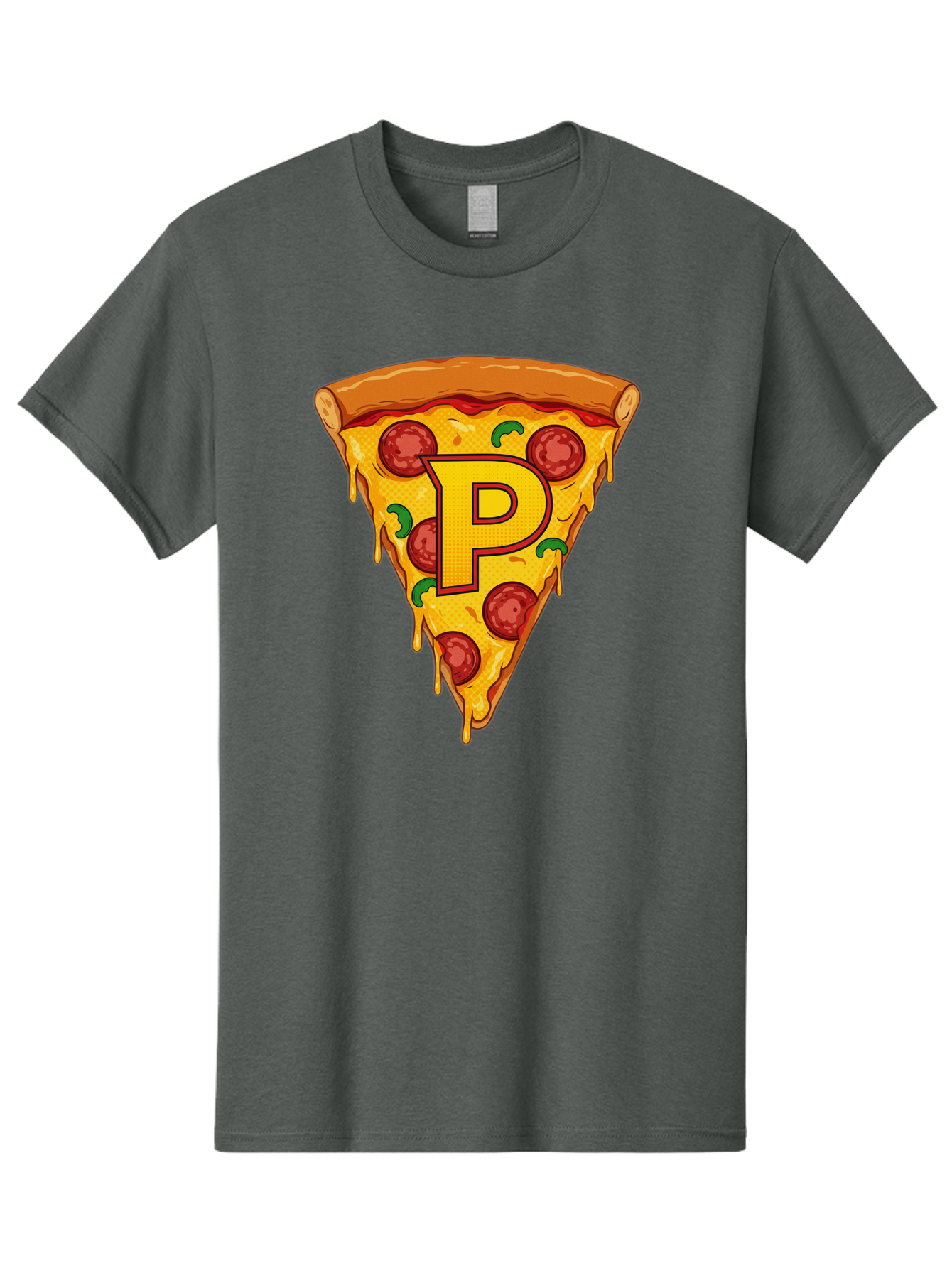 P-Pizza-Slice Men'S Graphic Tee, 100% Cotton, Comfortable Casual Summer Wear, Machine Washable, Pizza Slice, Melted Cheese, Pepperoni Toppings, Green Peppers, Italian Food, Letter P, Cartoon Style, Food Illustration, Cheesy Goodness, Bac206