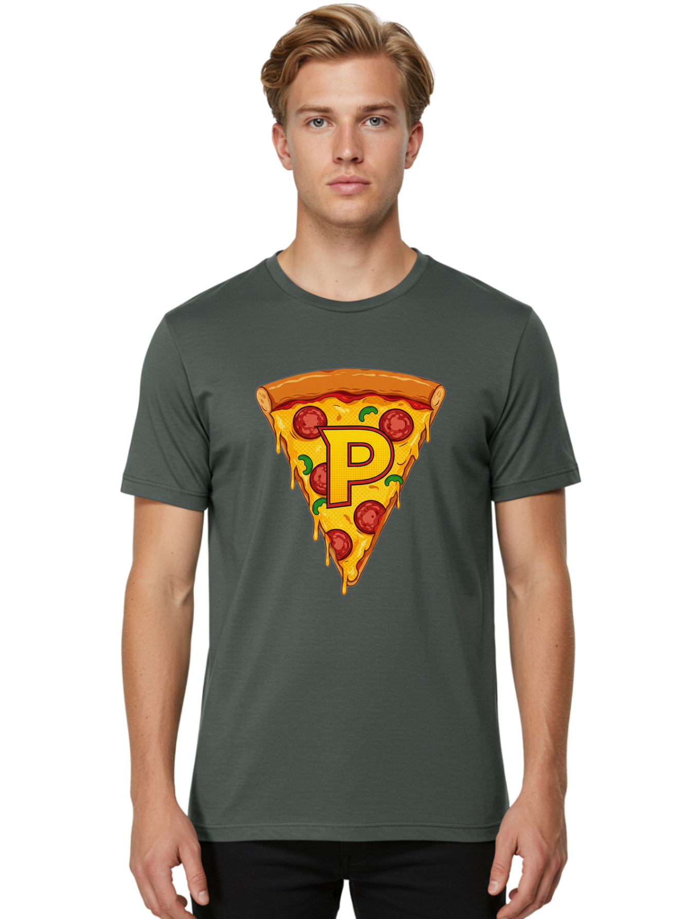 P-Pizza-Slice Men'S Graphic Tee, 100% Cotton, Comfortable Casual Summer Wear, Machine Washable, Pizza Slice, Melted Cheese, Pepperoni Toppings, Green Peppers, Italian Food, Letter P, Cartoon Style, Food Illustration, Cheesy Goodness, Bac206