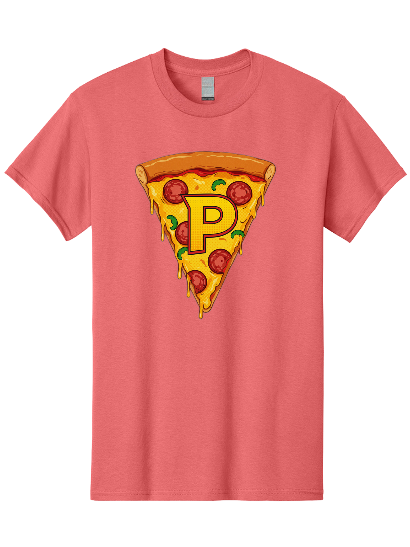 P-Pizza-Slice Men'S Graphic Tee, 100% Cotton, Comfortable Casual Summer Wear, Machine Washable, Pizza Slice, Melted Cheese, Pepperoni Toppings, Green Peppers, Italian Food, Letter P, Cartoon Style, Food Illustration, Cheesy Goodness, Bac206